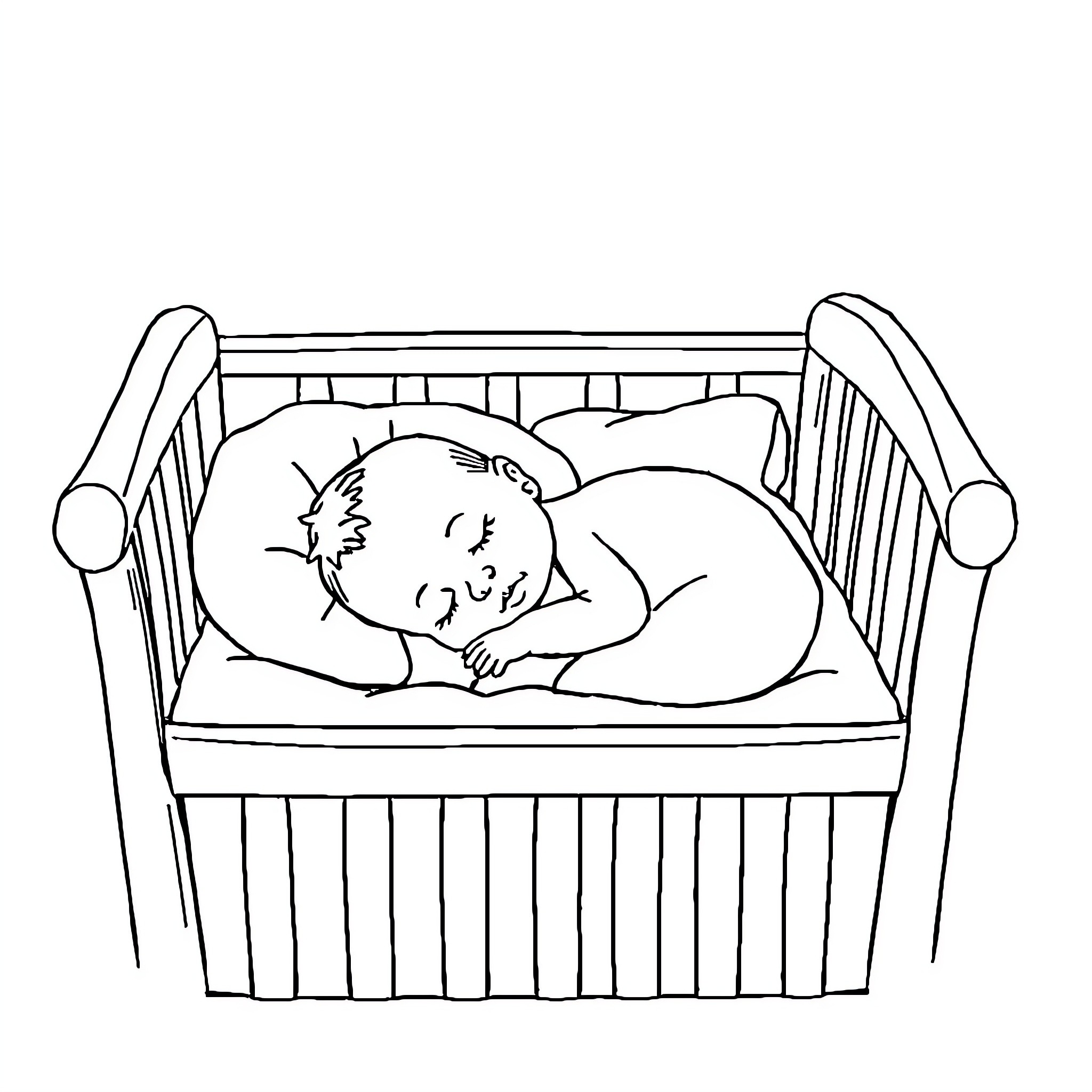 Baby sleeping peacefully in crib Coloring Page (free black-and-white line drawing printable PDF for all, from beginners to advanced learners, including children, teens, adults, and seniors)
