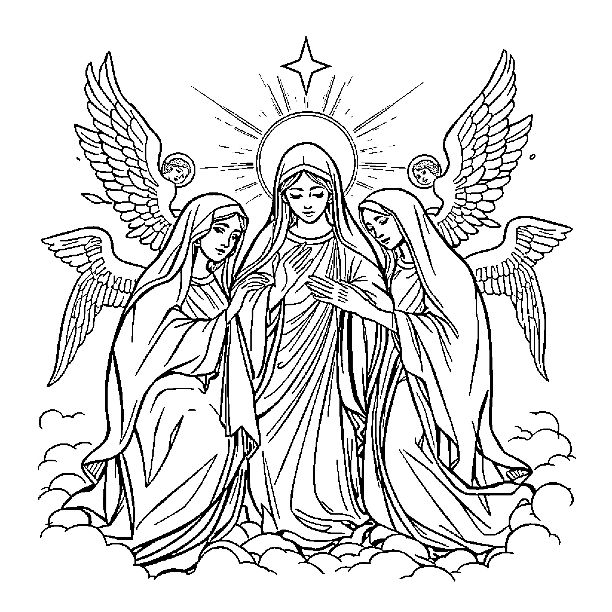 Holy Trinity of Angels and Mary in the Clouds Coloring Page (free black-and-white line drawing printable PDF for all, from beginners to advanced learners, including children, teens, adults, and seniors)