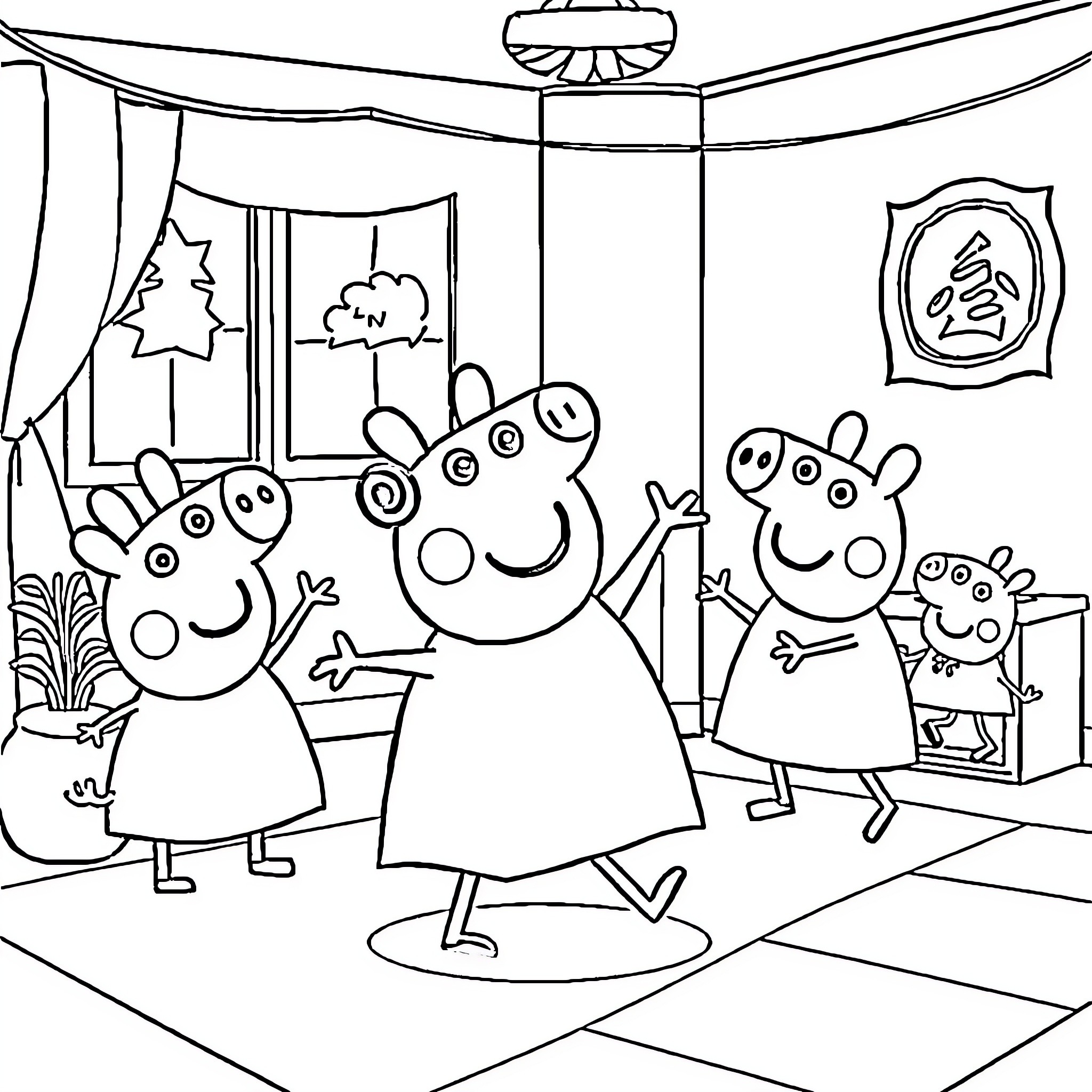 Peppa Pig's Family Having Fun Together Coloring Page (free black-and-white line drawing printable PDF for all, from beginners to advanced learners, including children, teens, adults, and seniors)