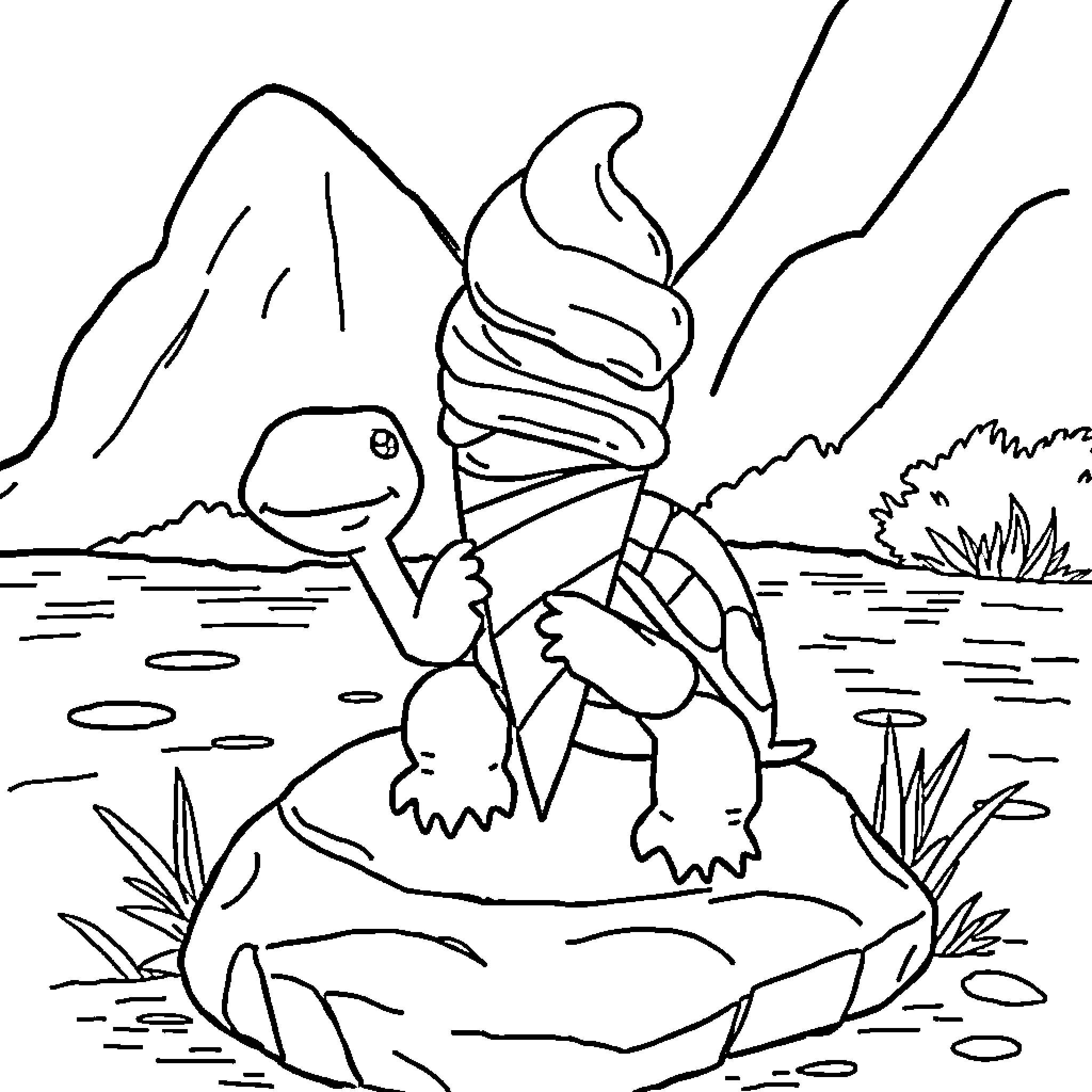 Turtle enjoying a cold treat on a summer day Coloring Page (free black-and-white line drawing printable PDF for all, from beginners to advanced learners, including children, teens, adults, and seniors)