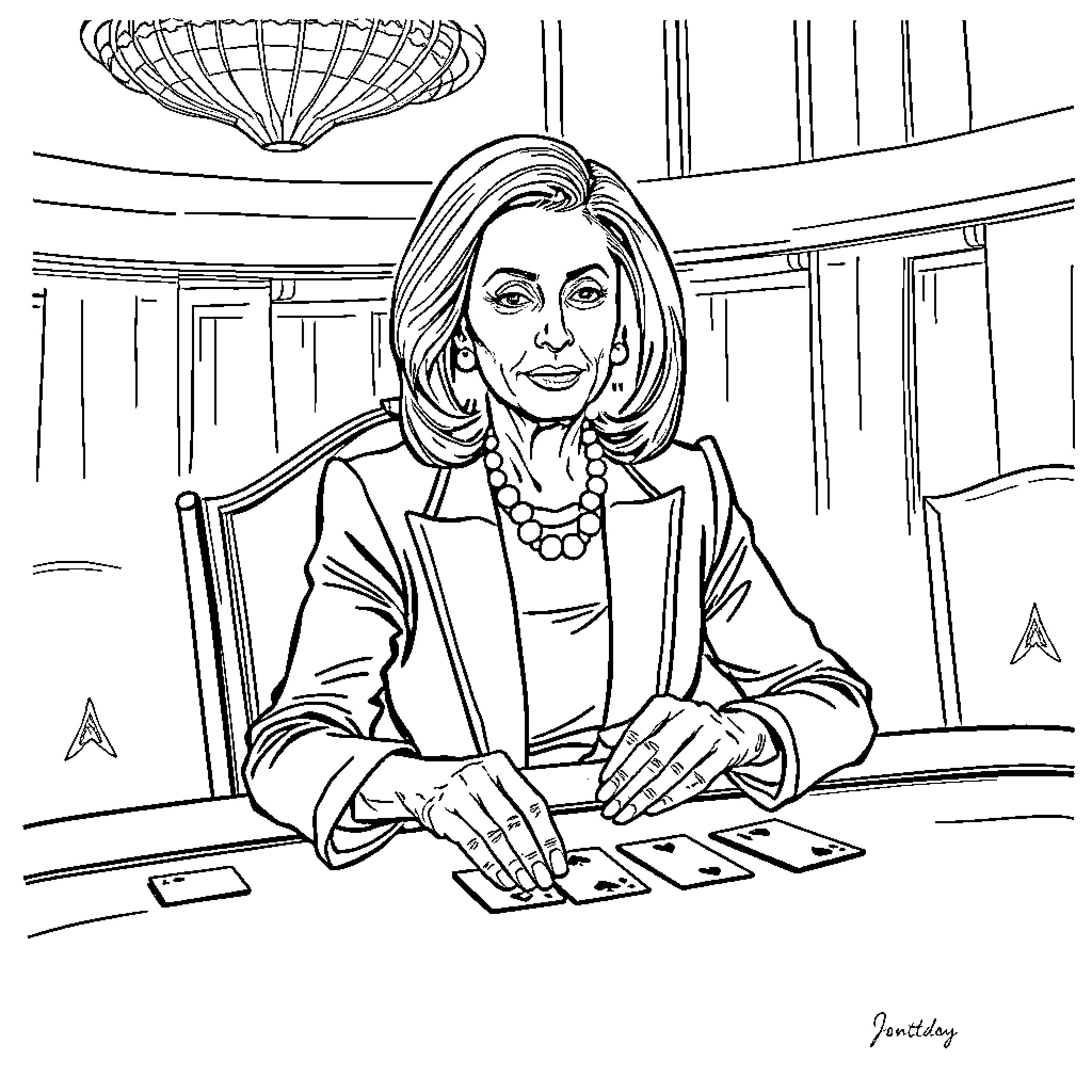Nancy Pelosi in official setting, serious expression Coloring Page (free black-and-white line drawing printable PDF for all, from beginners to advanced learners, including children, teens, adults, and seniors)