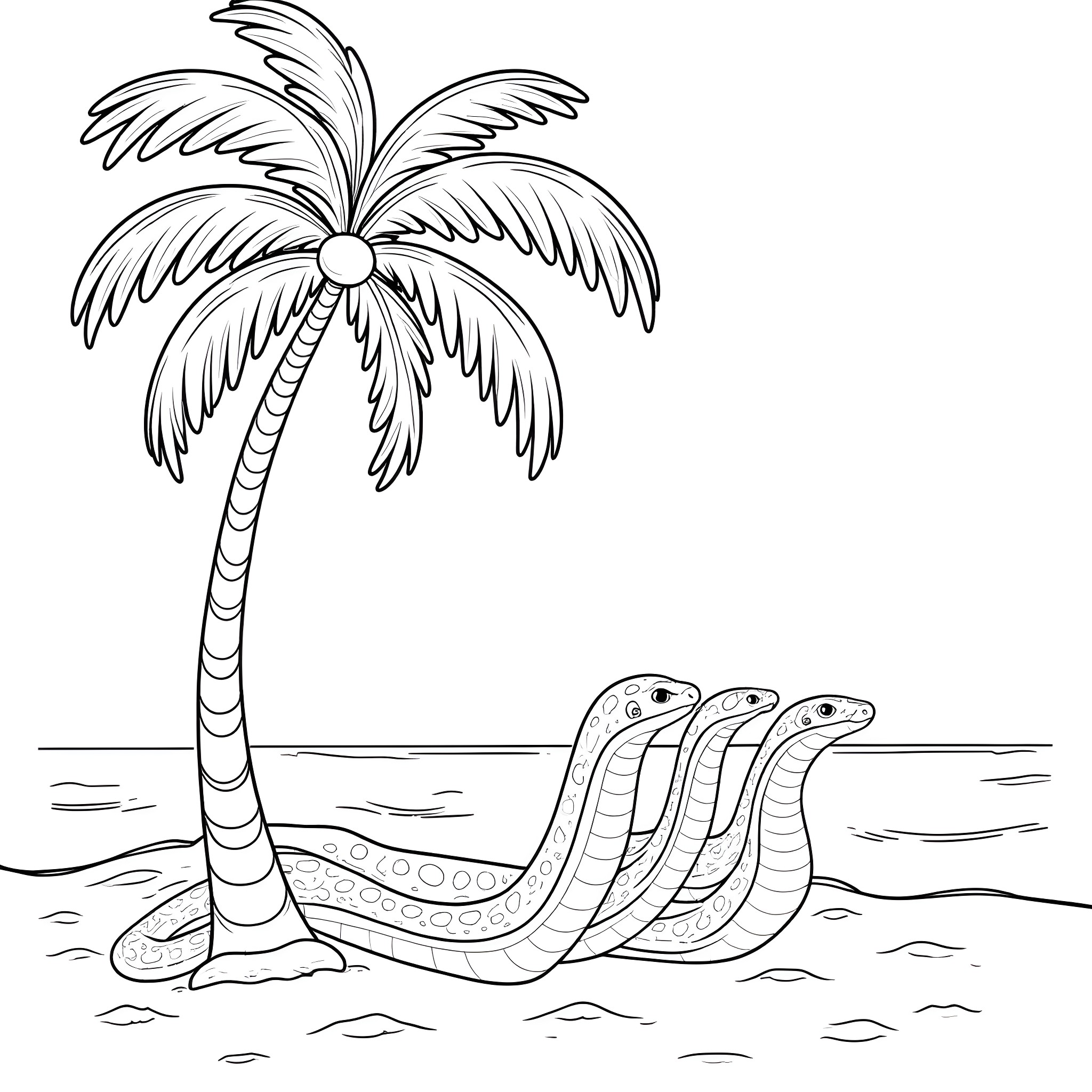 Snake slithering near palm tree on beach Coloring Page (free black-and-white line drawing printable PDF for all, from beginners to advanced learners, including children, teens, adults, and seniors)