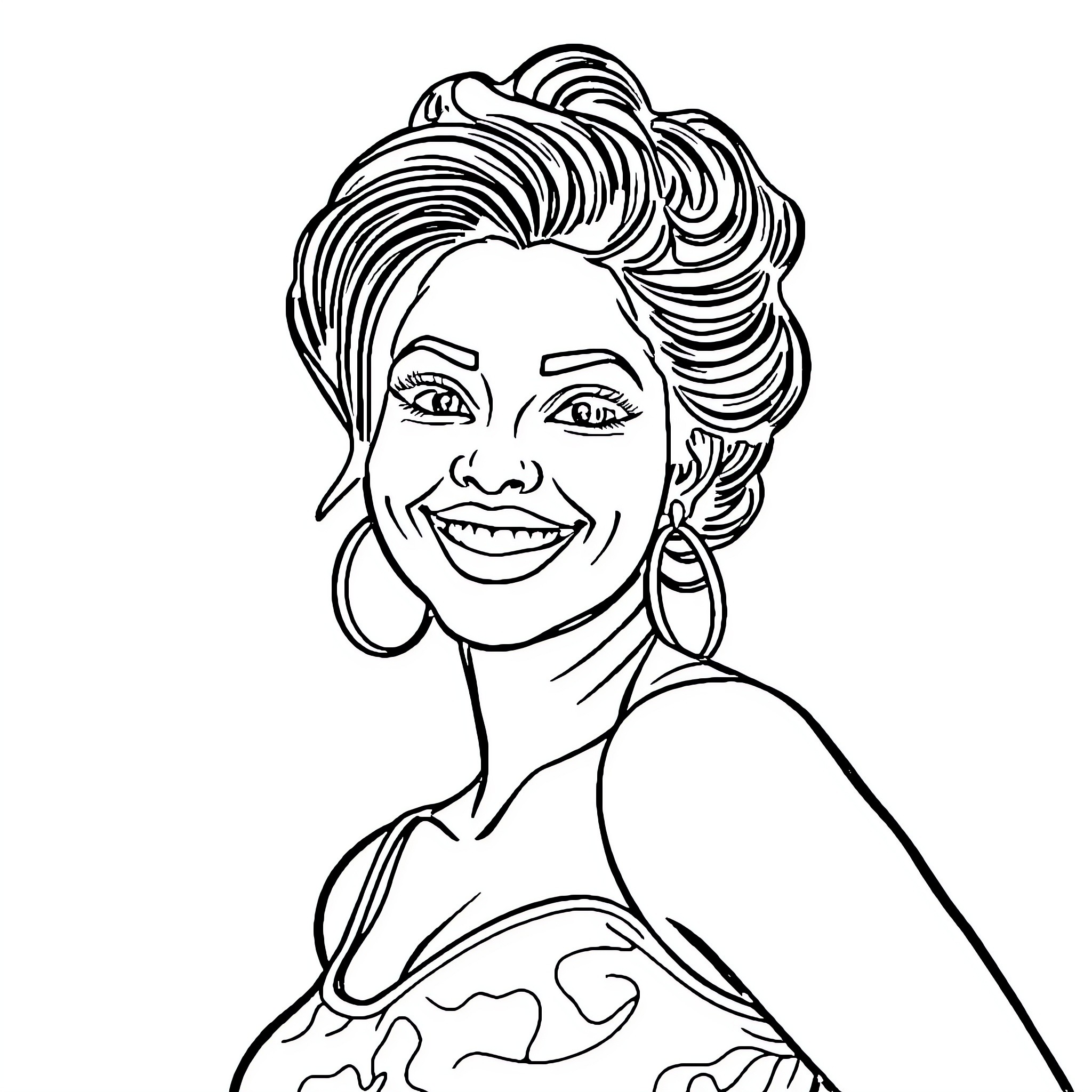 Latina Smiling Expressively with Stylish Hairstyle Coloring Page (free black-and-white line drawing printable PDF for all, from beginners to advanced learners, including children, teens, adults, and seniors)