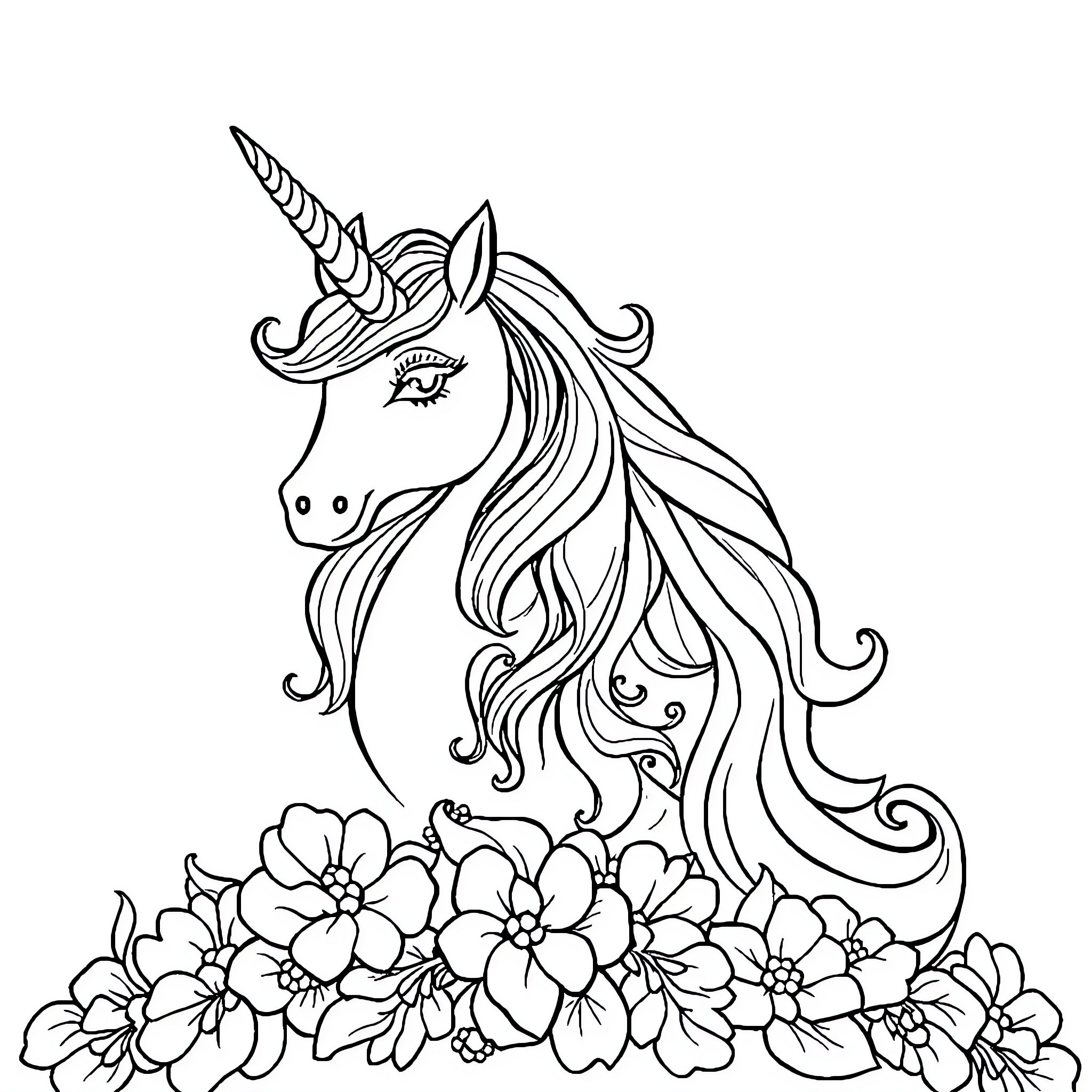 Unicorn surrounded by enchanting flowers Coloring Page (free black-and-white line drawing printable PDF for all, from beginners to advanced learners, including children, teens, adults, and seniors)
