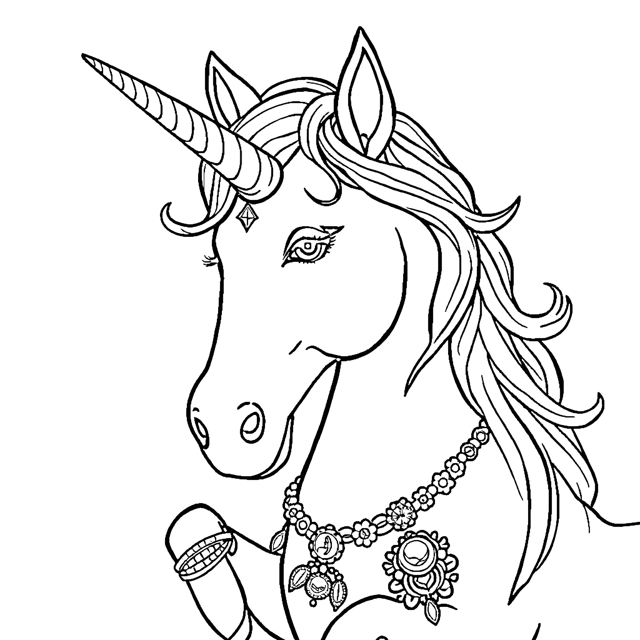 Unicorn with enchanting accessories and flowing mane Coloring Page (free black-and-white line drawing printable PDF for all, from beginners to advanced learners, including children, teens, adults, and seniors)
