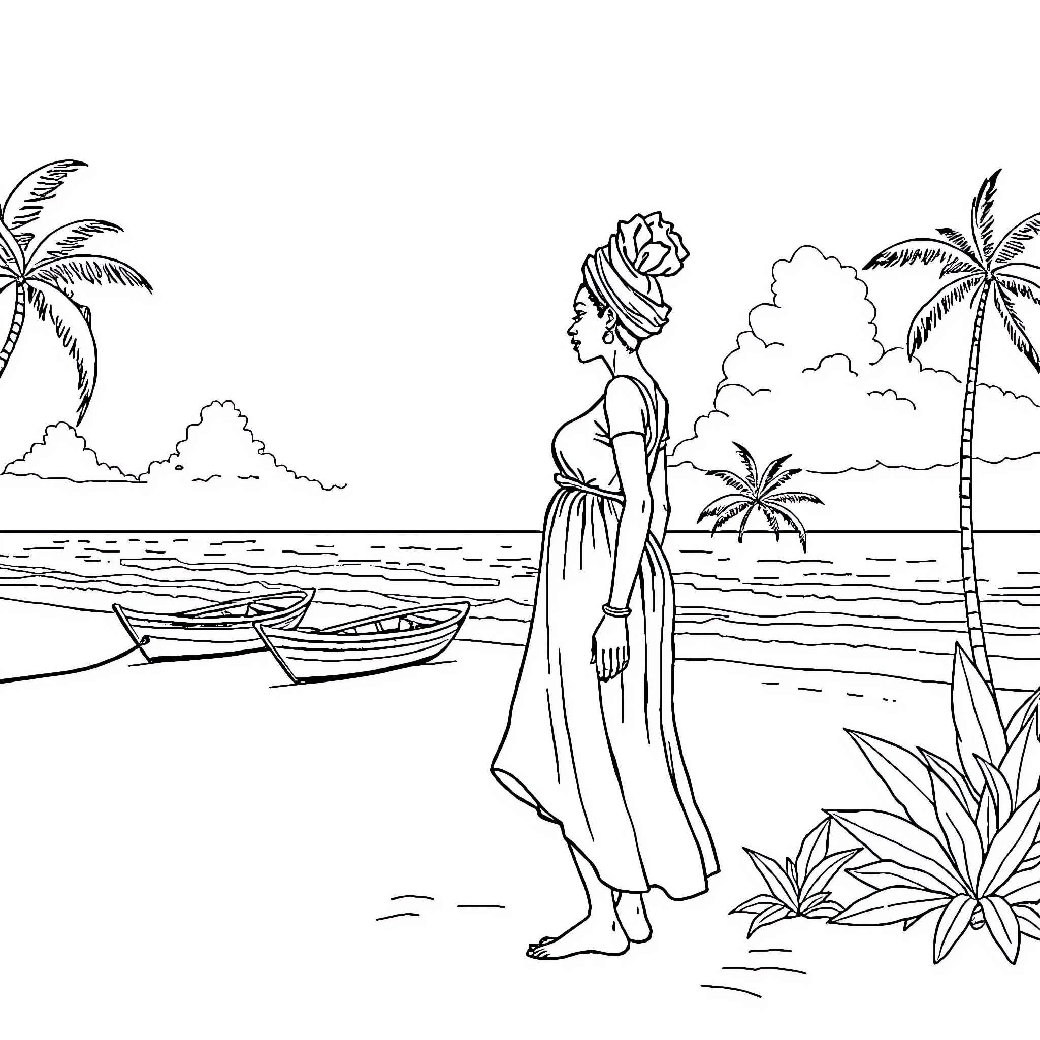 Woman standing on tropical beach Coloring Page (free black-and-white line drawing printable PDF for all, from beginners to advanced learners, including children, teens, adults, and seniors)