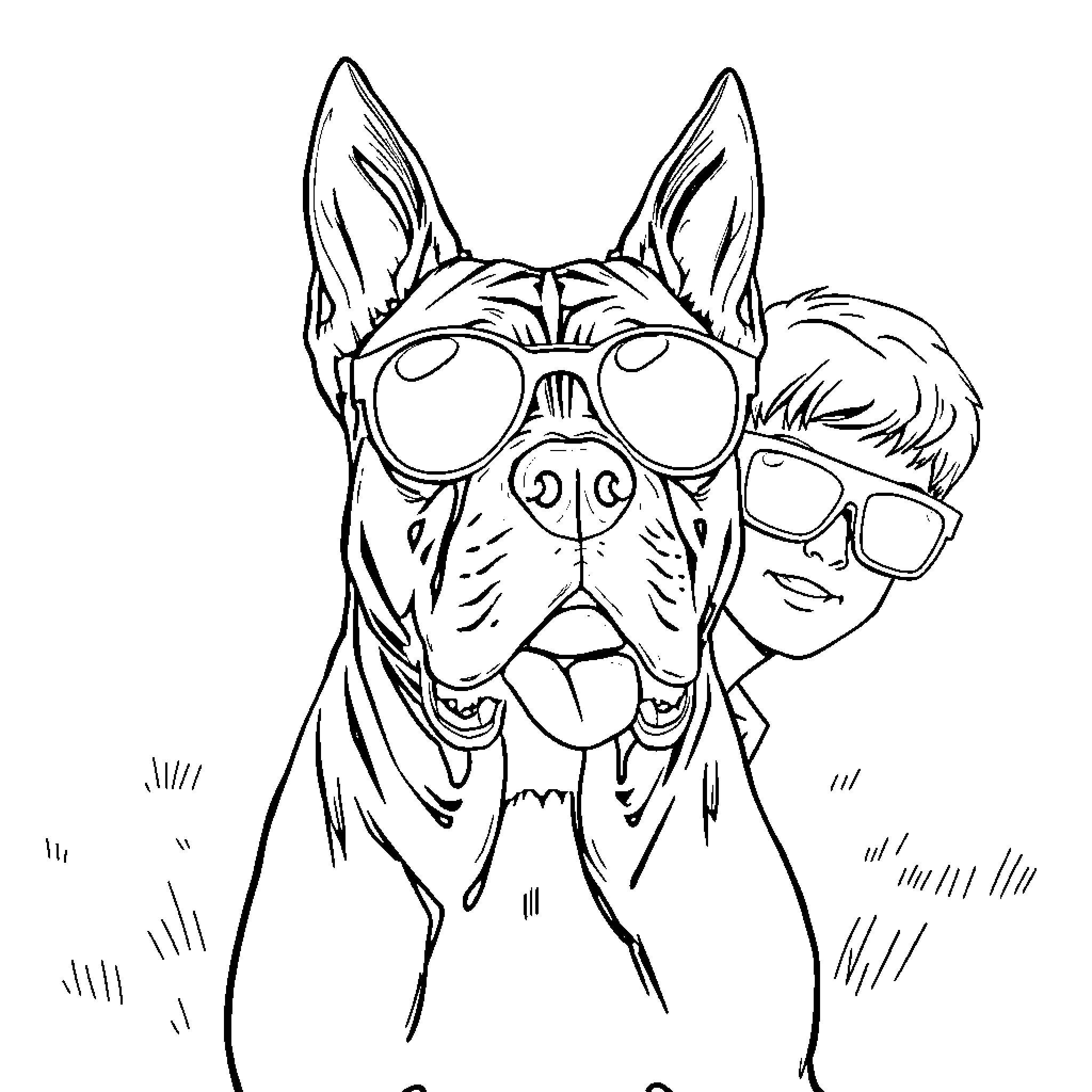 Cane Corso dogs wearing sunglasses Coloring Page (free black-and-white line drawing printable PDF for all, from beginners to advanced learners, including children, teens, adults, and seniors)