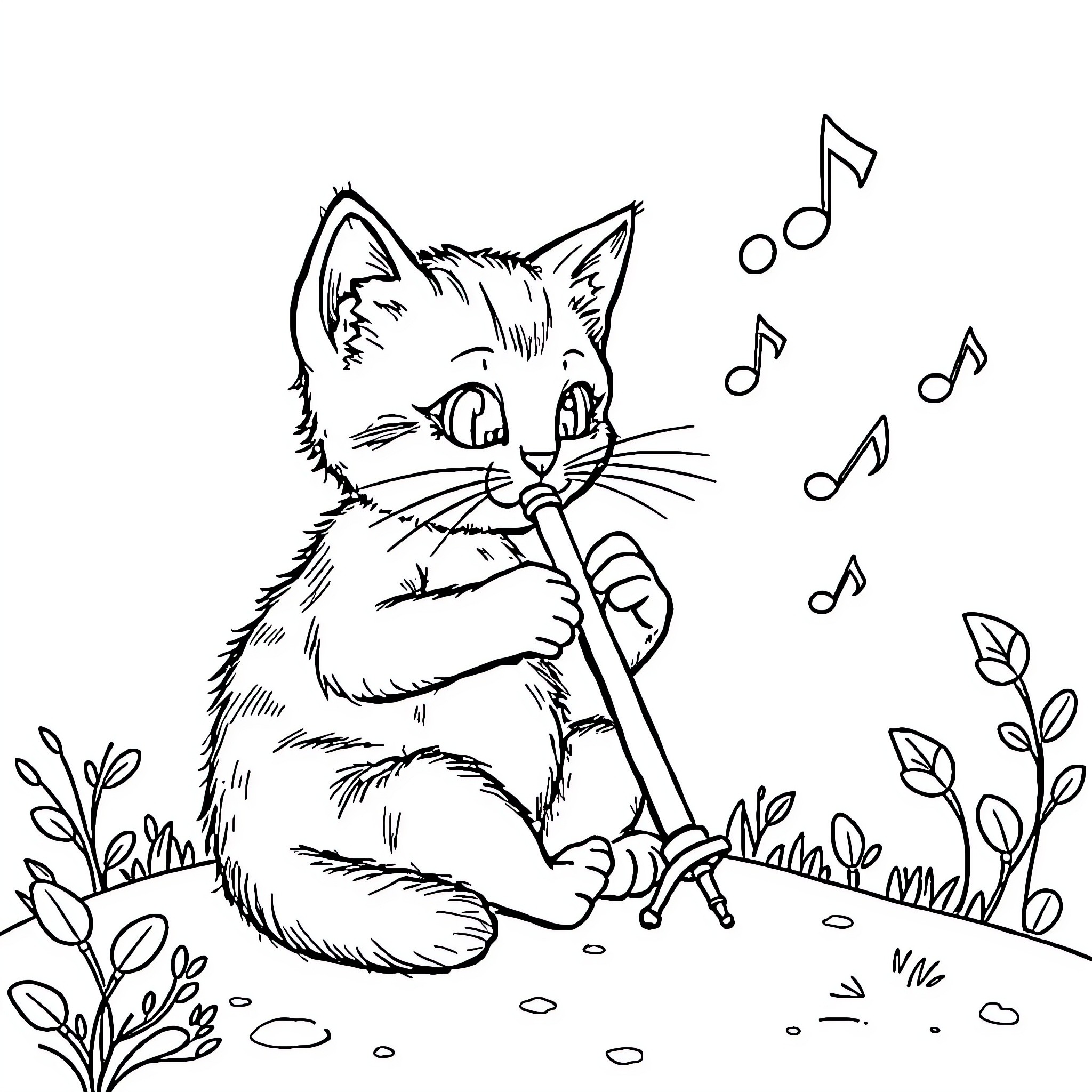 Cat playing a musical instrument in nature Coloring Page (free black-and-white line drawing printable PDF for all, from beginners to advanced learners, including children, teens, adults, and seniors)