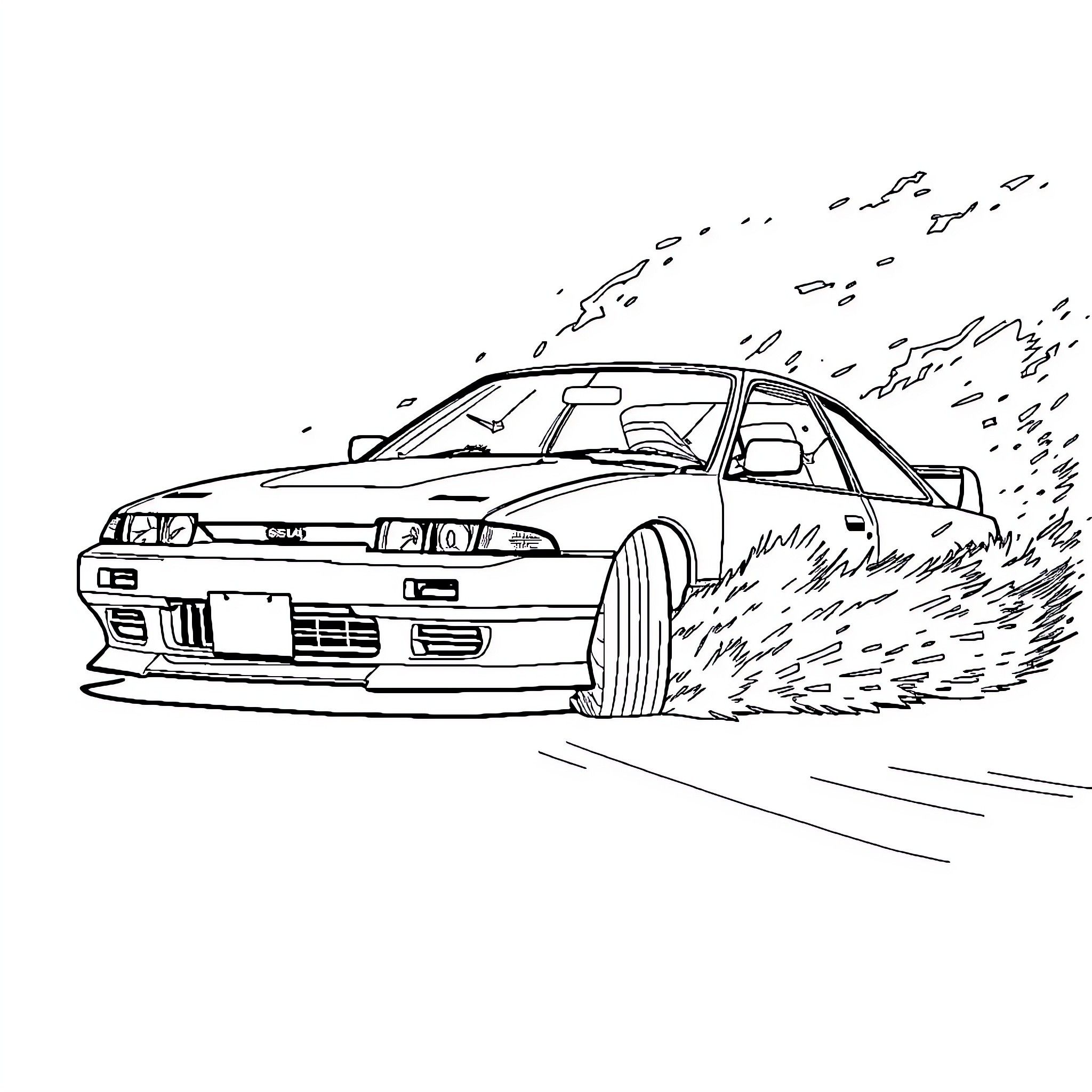 Nissan Silvia drifting on the road Coloring Page (free black-and-white line drawing printable PDF for all, from beginners to advanced learners, including children, teens, adults, and seniors)
