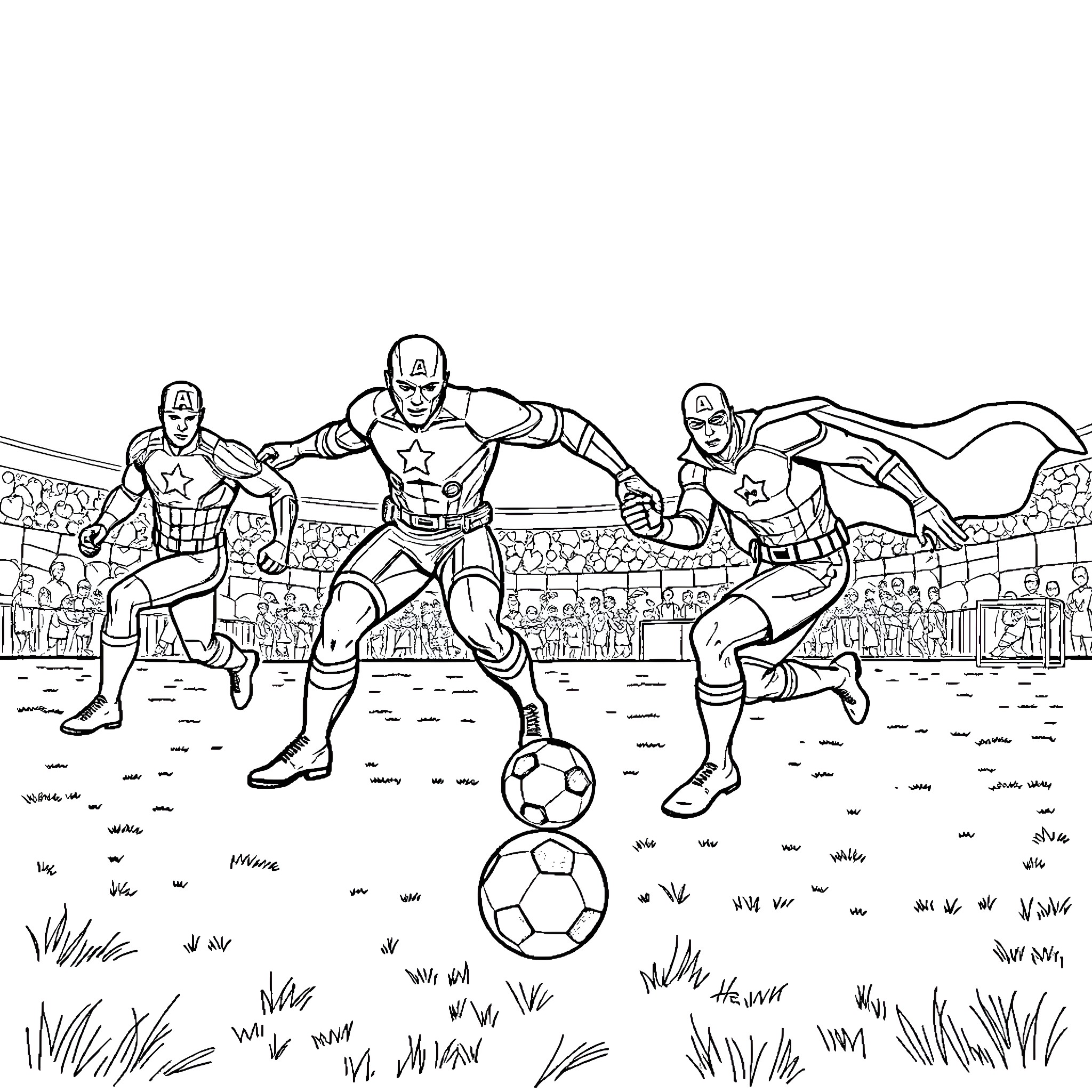 Avenger Soccer Players Compete in the Field Coloring Page (free black-and-white line drawing printable PDF for all, from beginners to advanced learners, including children, teens, adults, and seniors)