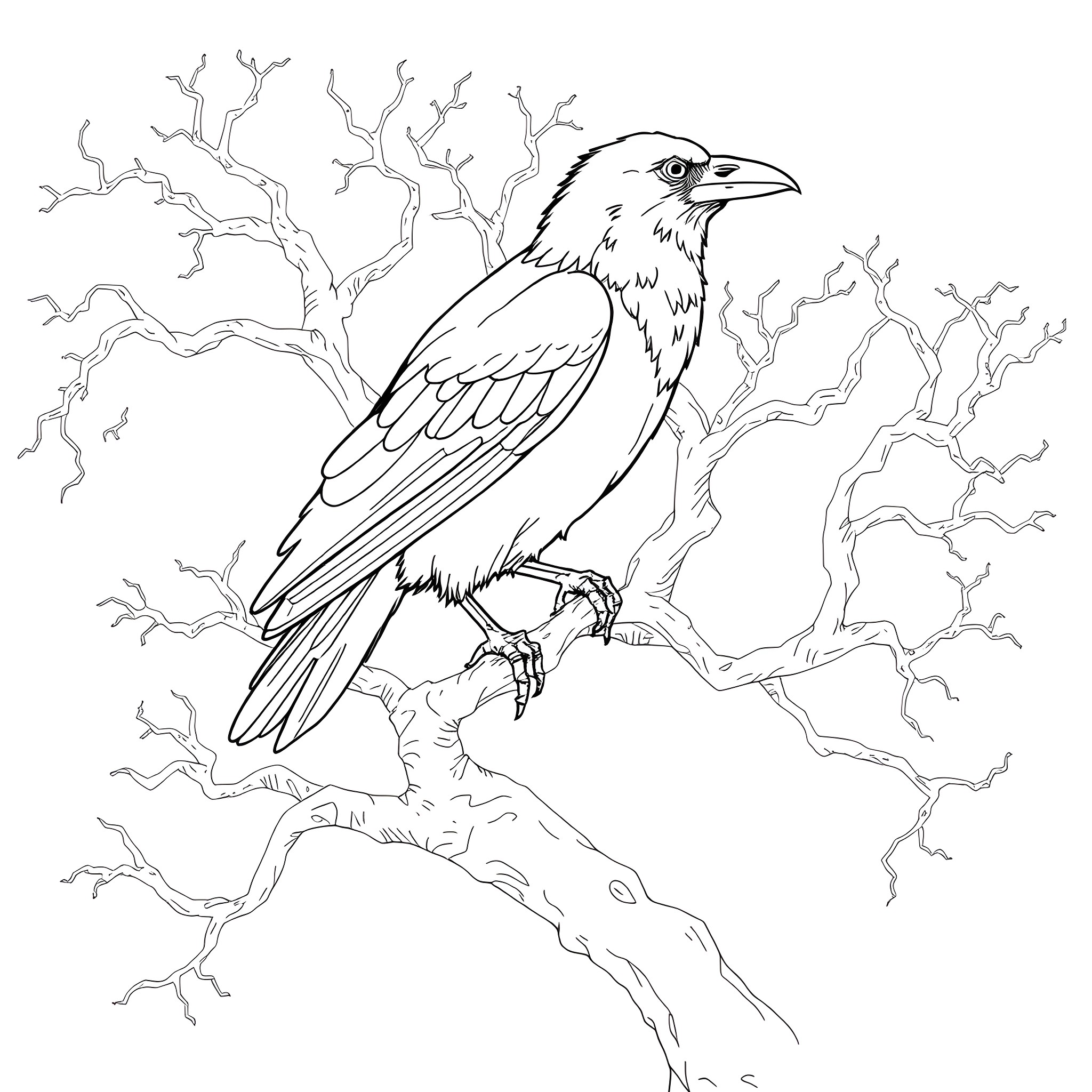 Crow perched on a twisted, bare tree branch Coloring Page (free black-and-white line drawing printable PDF for all, from beginners to advanced learners, including children, teens, adults, and seniors)