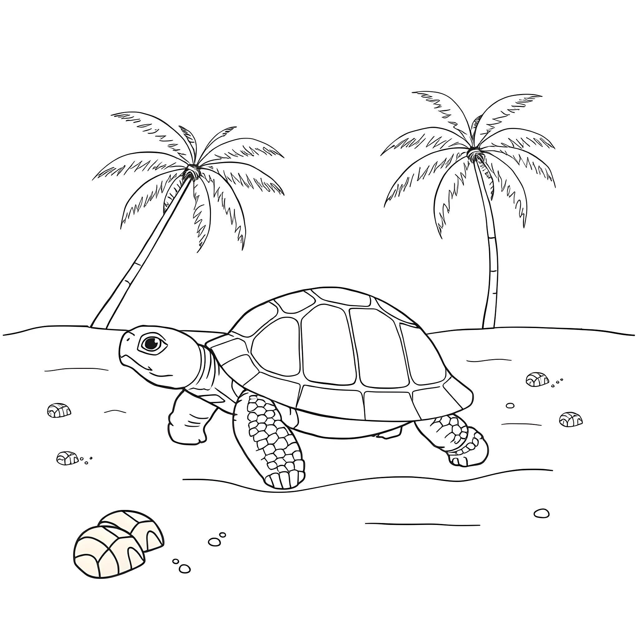 Tortoise strolling on the beach with palm trees Coloring Page (free black-and-white line drawing printable PDF for all, from beginners to advanced learners, including children, teens, adults, and seniors)