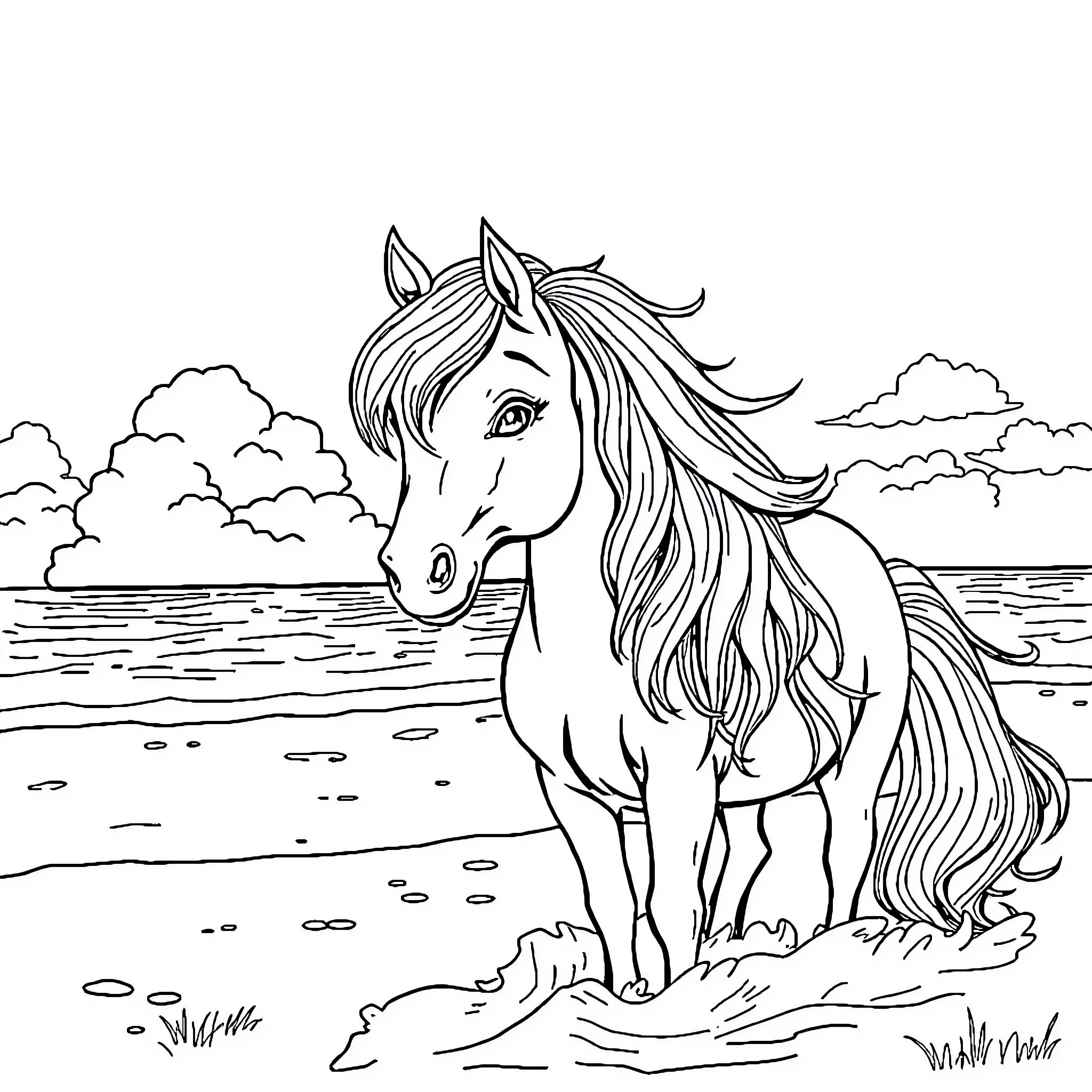 Pony enjoying a tranquil day by the lake Coloring Page (free black-and-white line drawing printable PDF for all, from beginners to advanced learners, including children, teens, adults, and seniors)