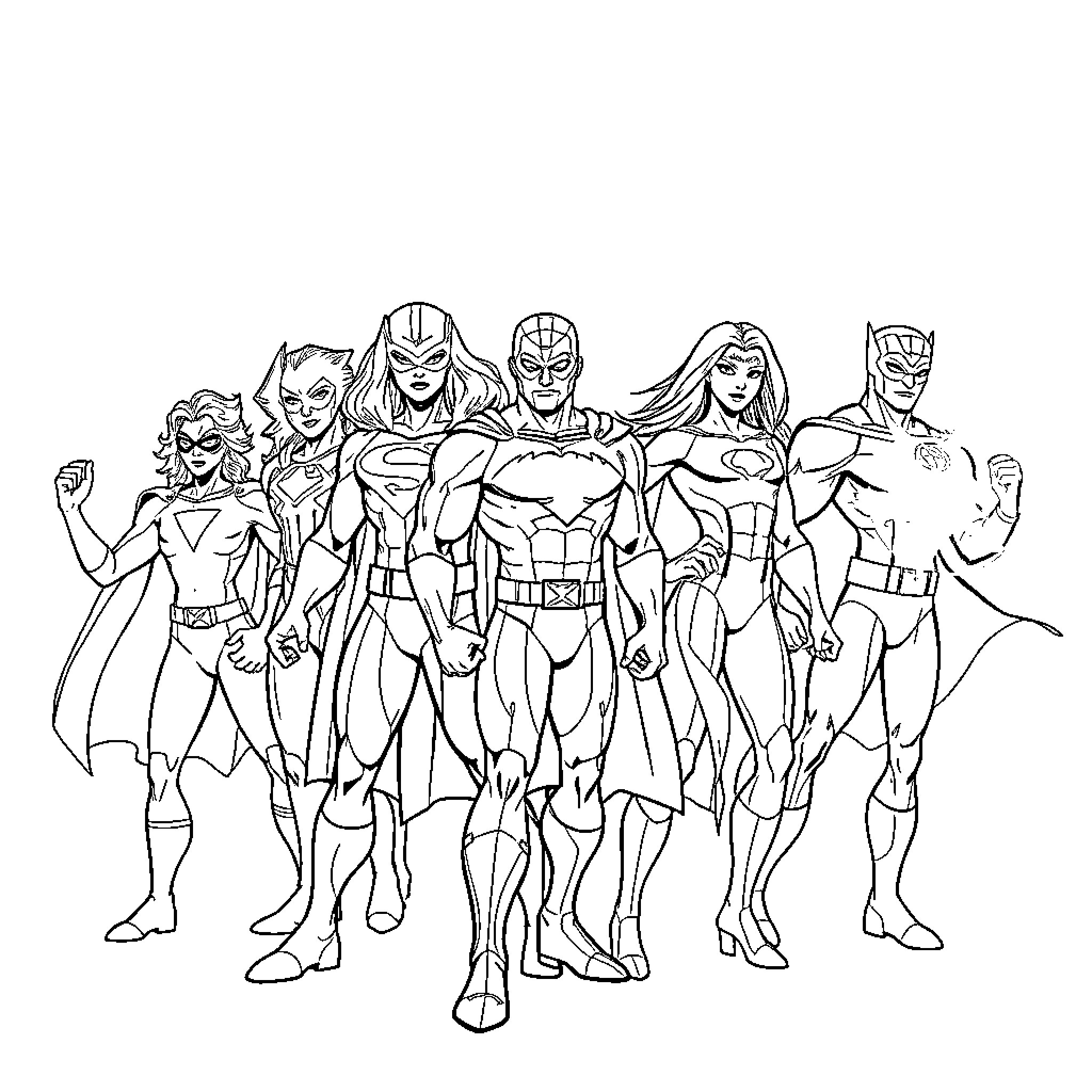 Superhero Squad in Action Poses Coloring Page (free black-and-white line drawing printable PDF for all, from beginners to advanced learners, including children, teens, adults, and seniors)