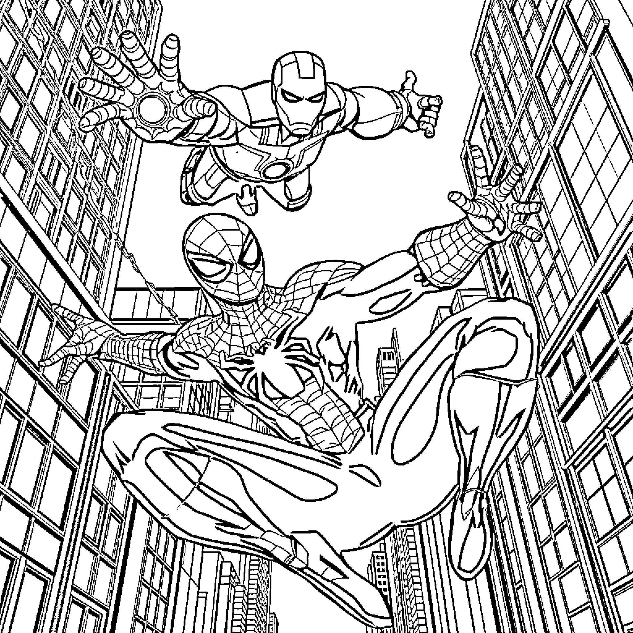 Spiderman and Iron Man swinging through the city Coloring Page (free black-and-white line drawing printable PDF for all, from beginners to advanced learners, including children, teens, adults, and seniors)