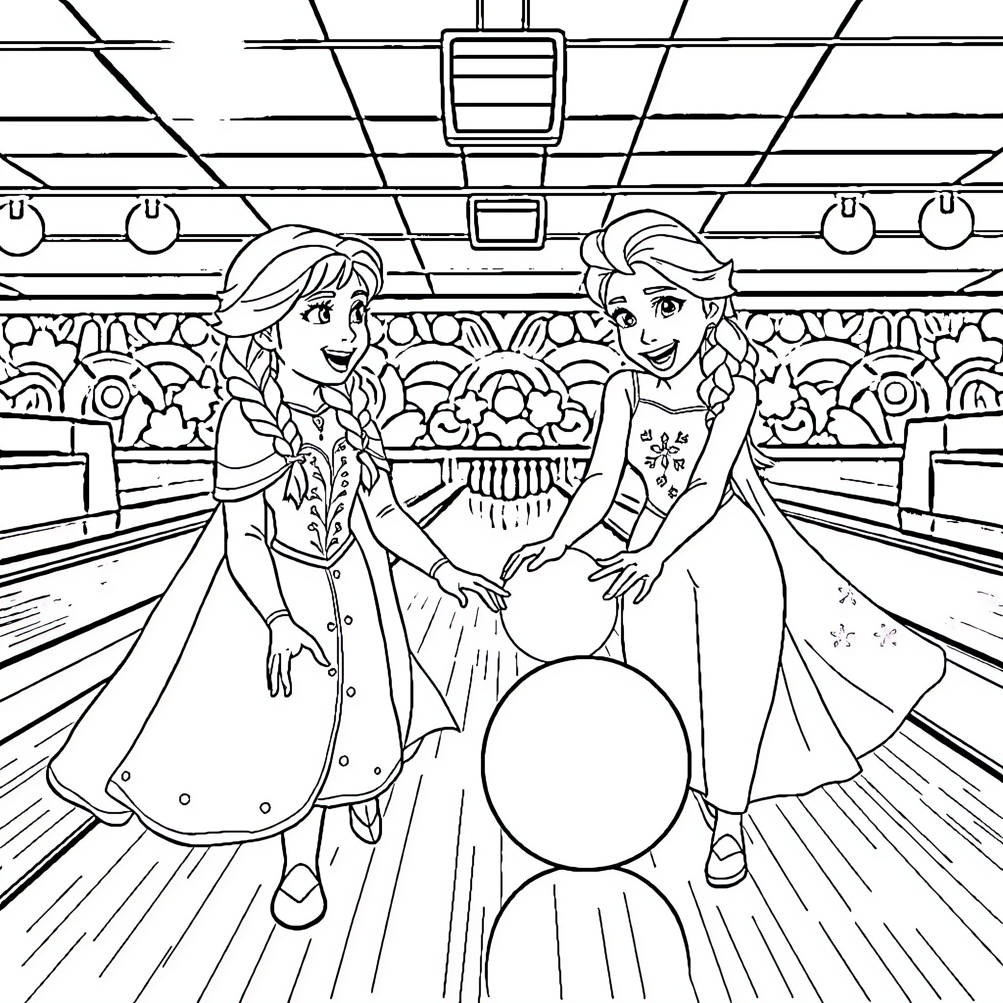 Anna and Elsa Enjoy a Bowling Adventure Coloring Page (free black-and-white line drawing printable PDF for all, from beginners to advanced learners, including children, teens, adults, and seniors)