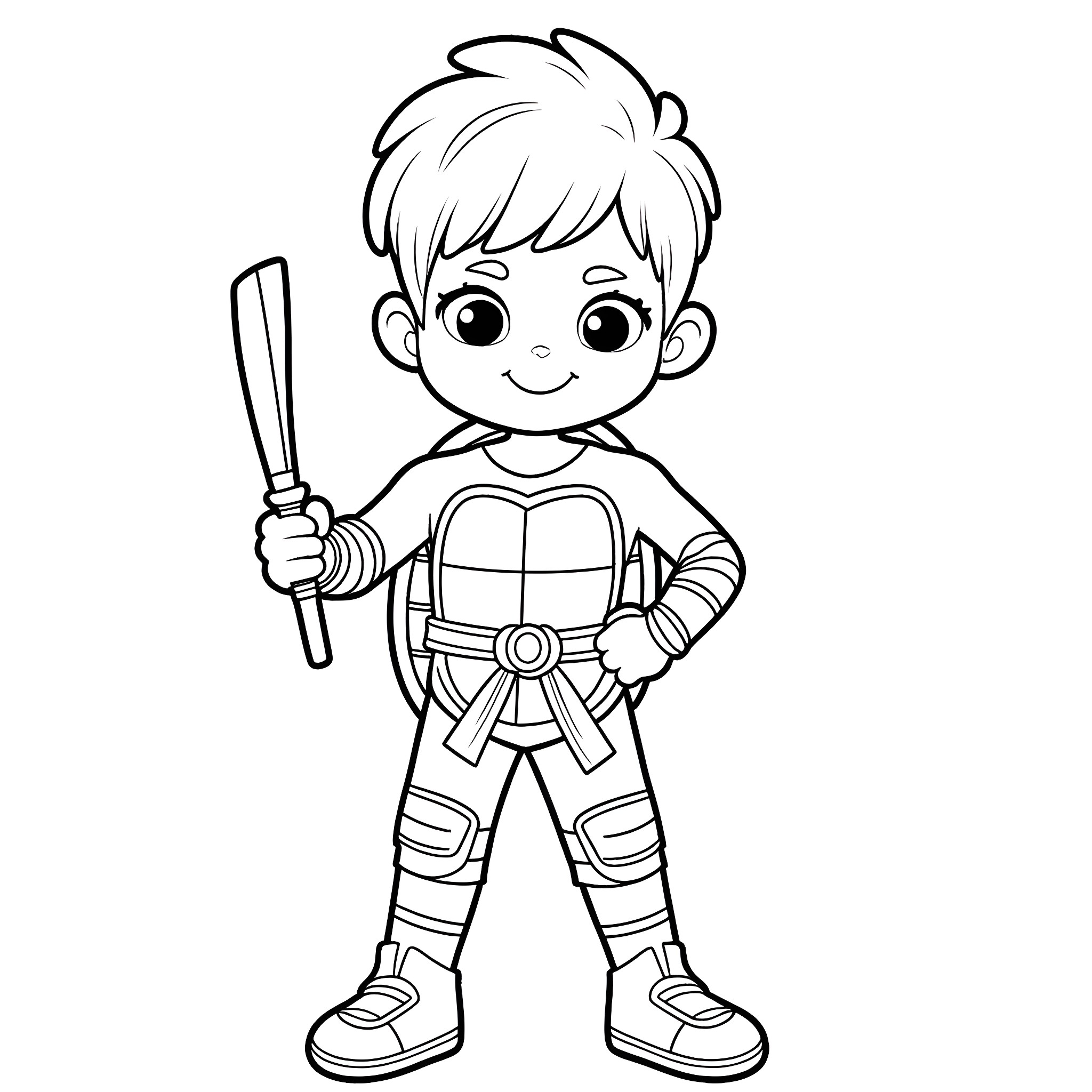 Ninja Turtle warrior with sword ready for action Coloring Page (free black-and-white line drawing printable PDF for all, from beginners to advanced learners, including children, teens, adults, and seniors)