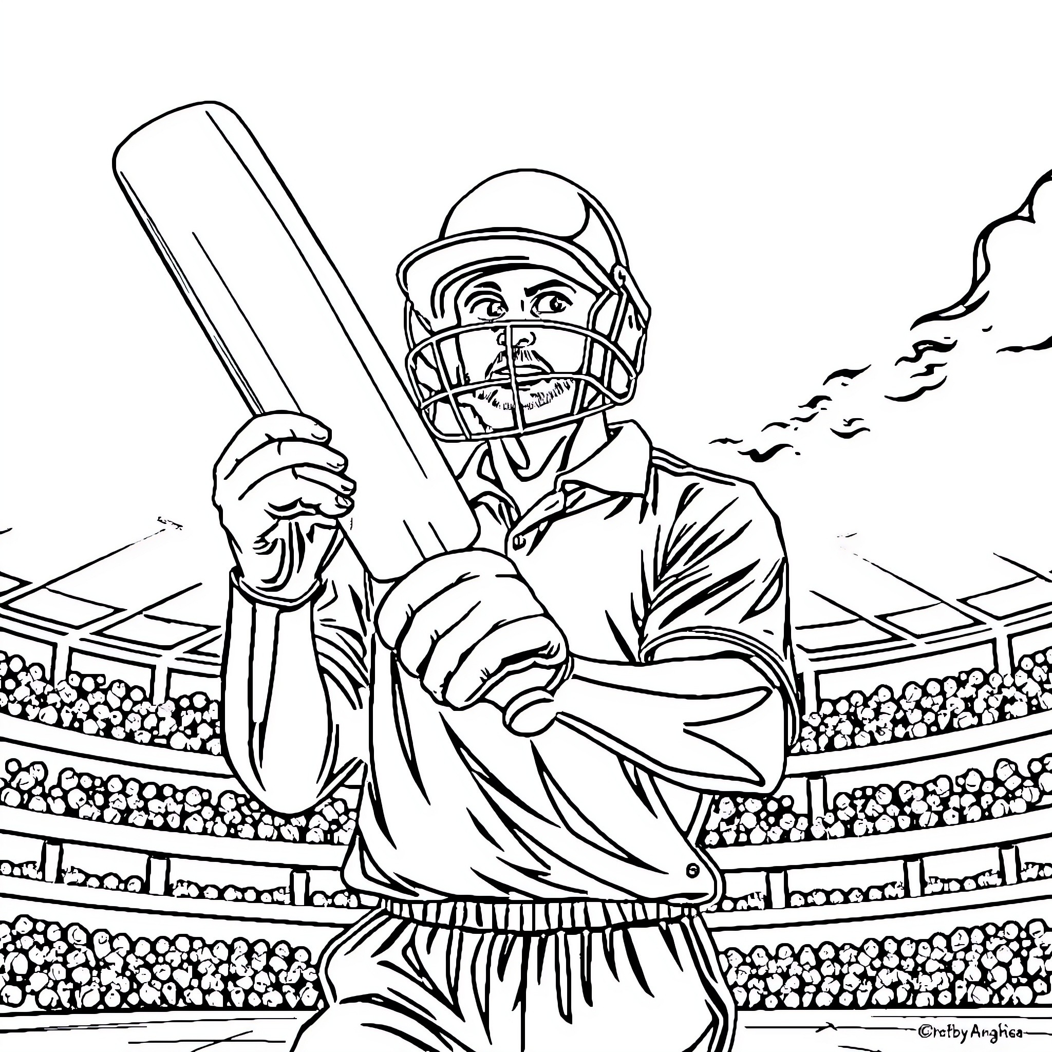 Cricket player batting with intensity on the field Coloring Page (free black-and-white line drawing printable PDF for all, from beginners to advanced learners, including children, teens, adults, and seniors)