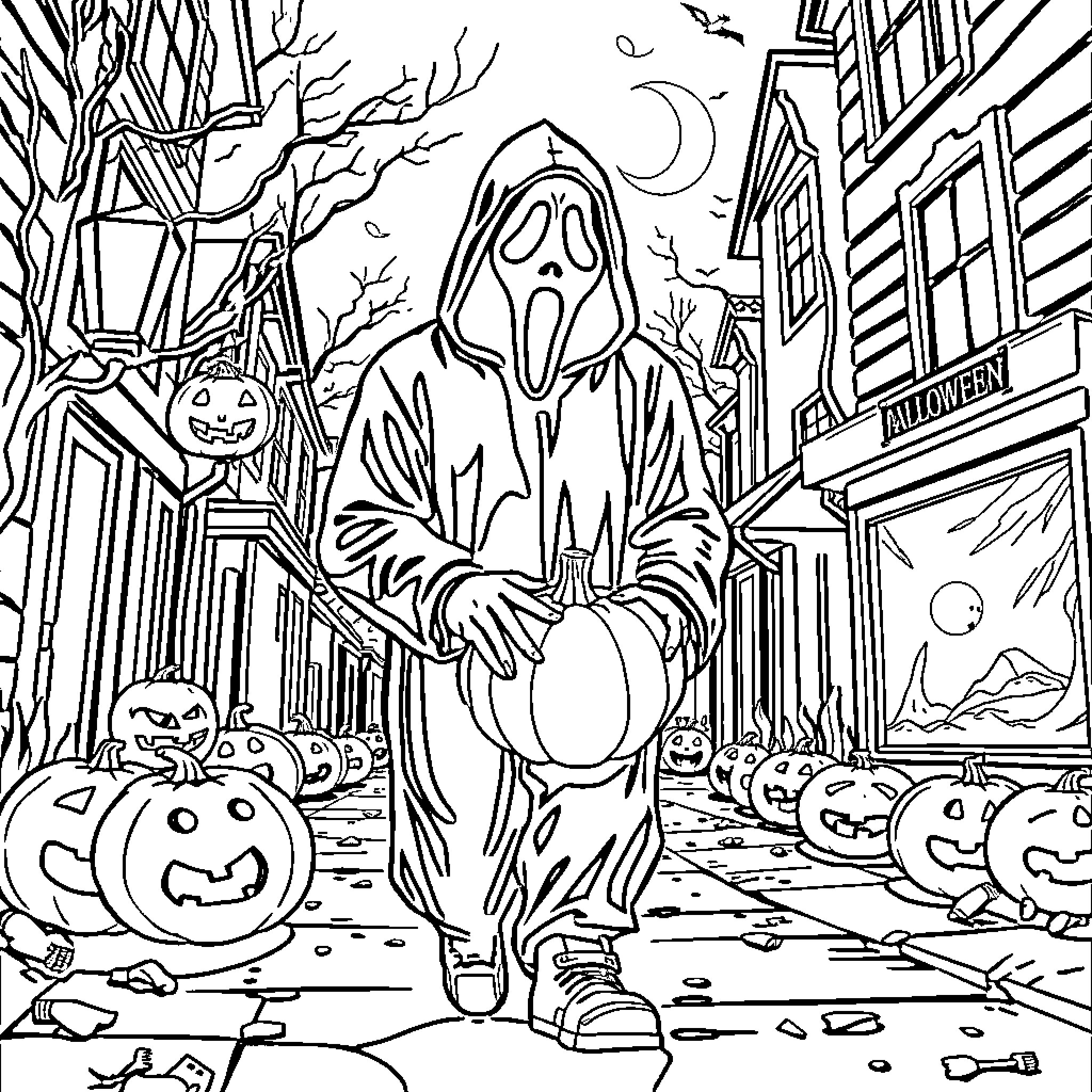 Ghostface stalking through a Halloween-themed street Coloring Page (free black-and-white line drawing printable PDF for all, from beginners to advanced learners, including children, teens, adults, and seniors)
