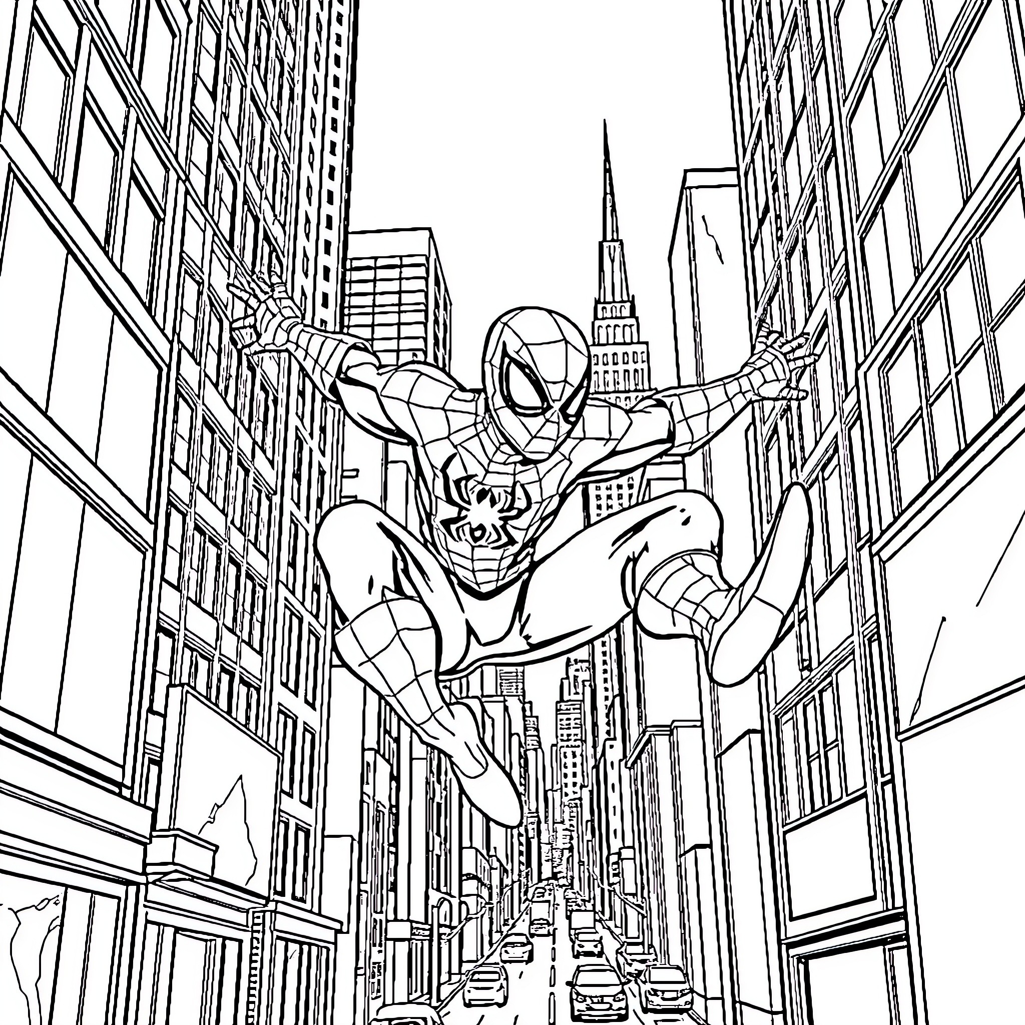 Spiderman swinging through the city skyline Coloring Page (free black-and-white line drawing printable PDF for all, from beginners to advanced learners, including children, teens, adults, and seniors)