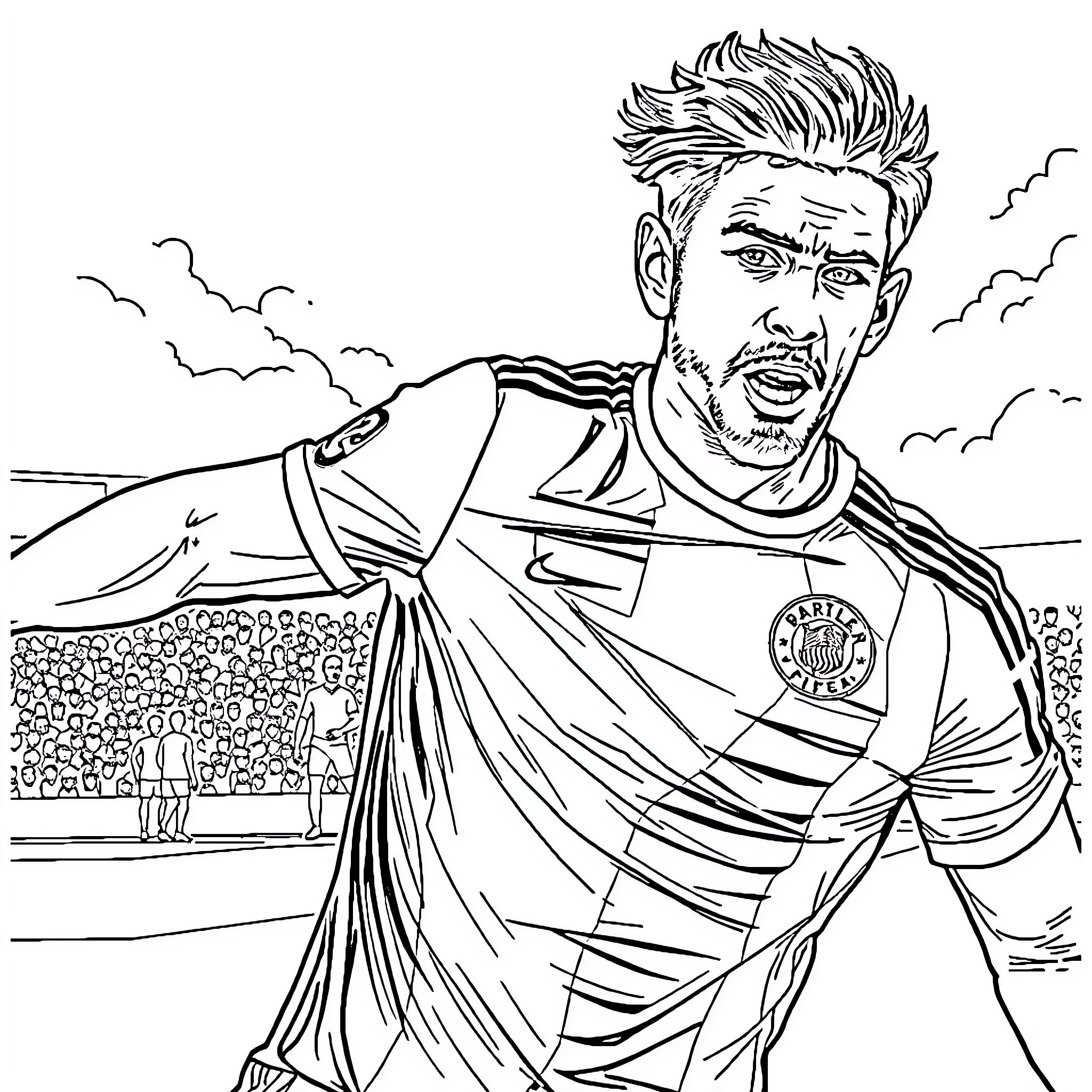 Griezmann celebrating football victory in stadium Coloring Page (free black-and-white line drawing printable PDF for all, from beginners to advanced learners, including children, teens, adults, and seniors)
