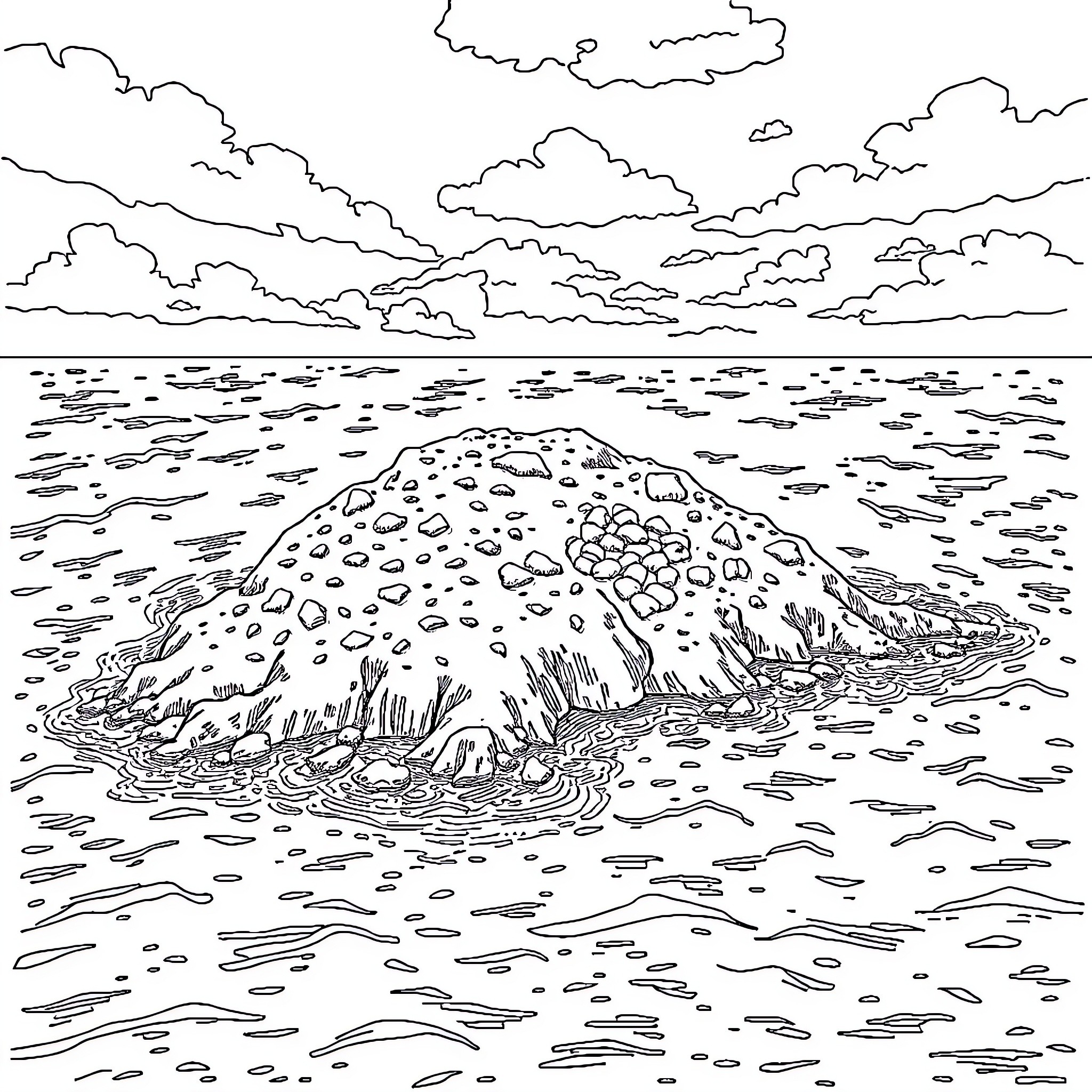 France Landscape with Cloudy Skies and Rocky Coastline Coloring Page (free black-and-white line drawing printable PDF for all, from beginners to advanced learners, including children, teens, adults, and seniors)