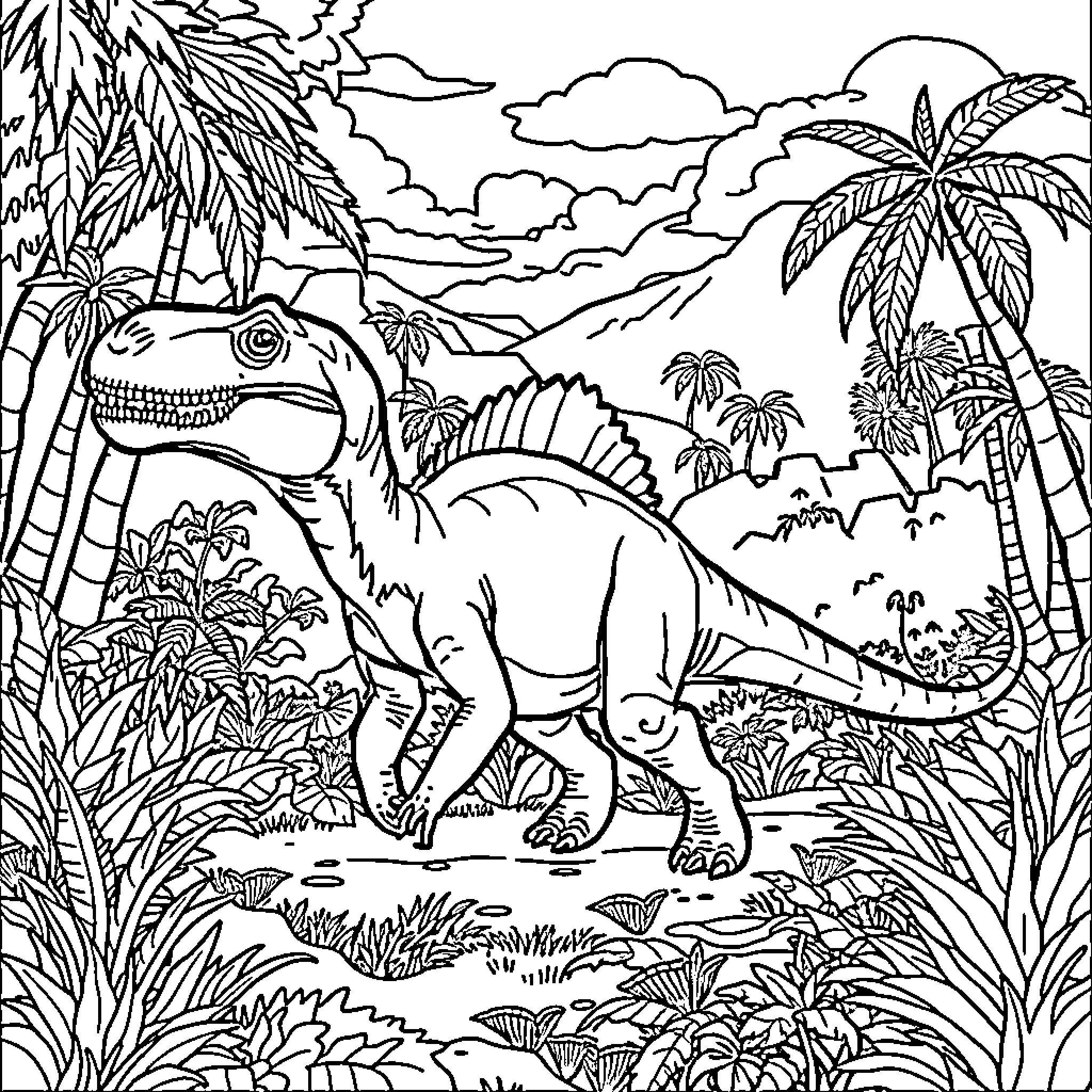 Dinosaur in a Lush Jungle Landscape Coloring Page (free black-and-white line drawing printable PDF for all, from beginners to advanced learners, including children, teens, adults, and seniors)