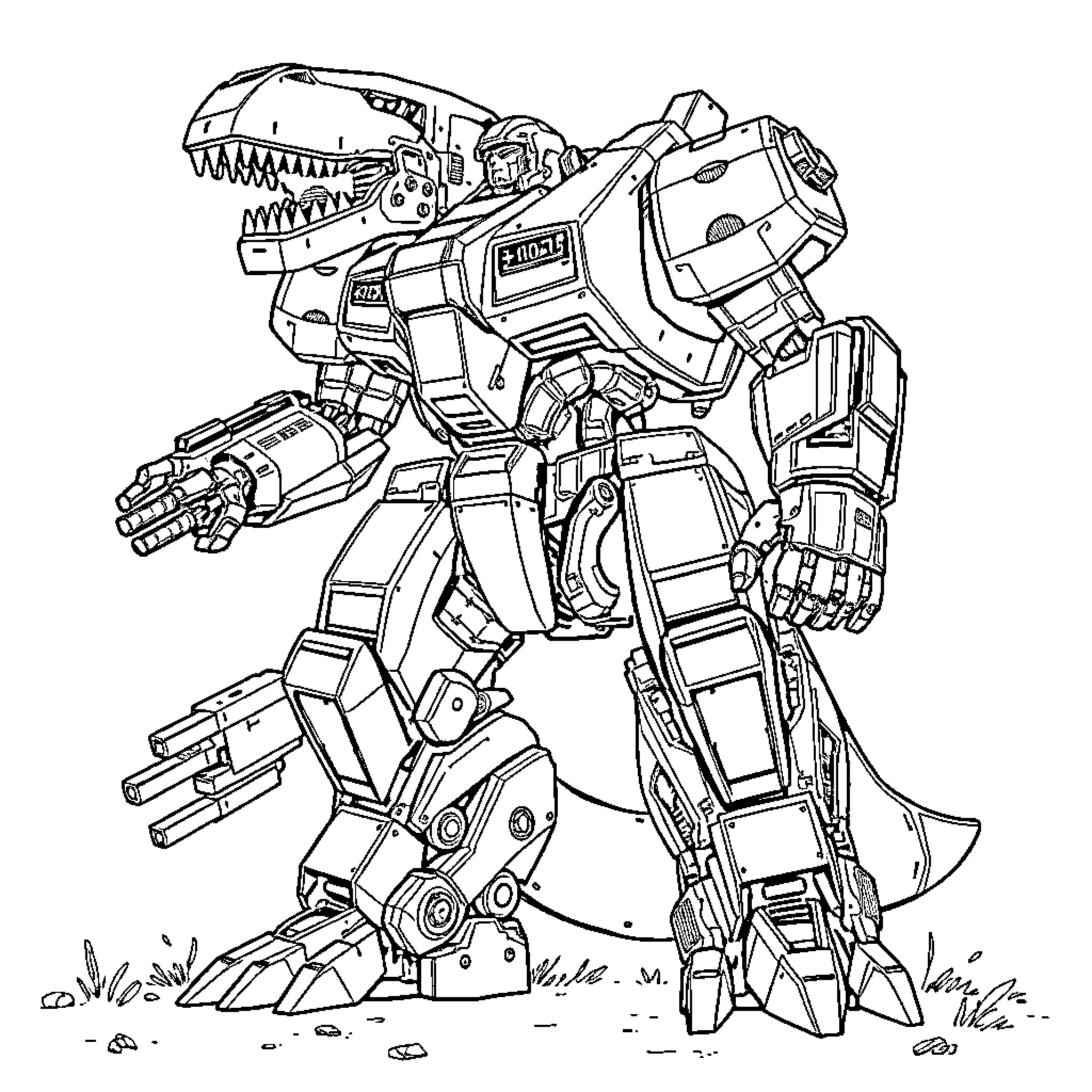 Metal Gear Rex Mech Warrior in Action Coloring Page (free black-and-white line drawing printable PDF for all, from beginners to advanced learners, including children, teens, adults, and seniors)