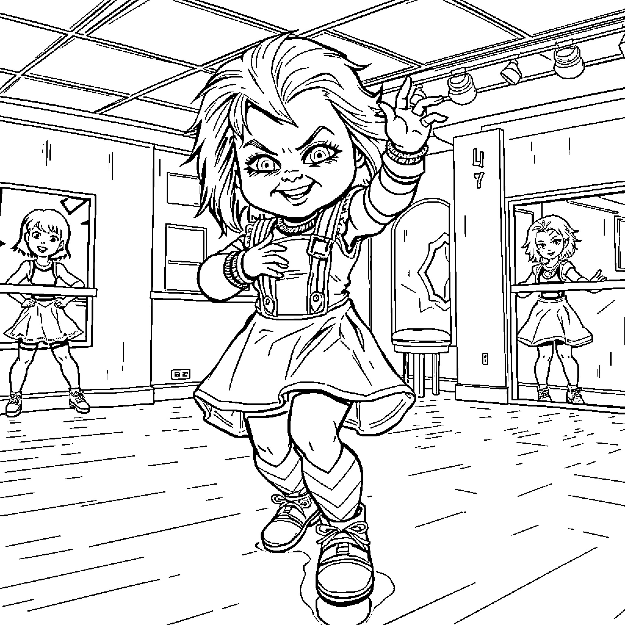 Bride-to-be's Joyful Dance in Dressing Room Coloring Page (free black-and-white line drawing printable PDF for all, from beginners to advanced learners, including children, teens, adults, and seniors)