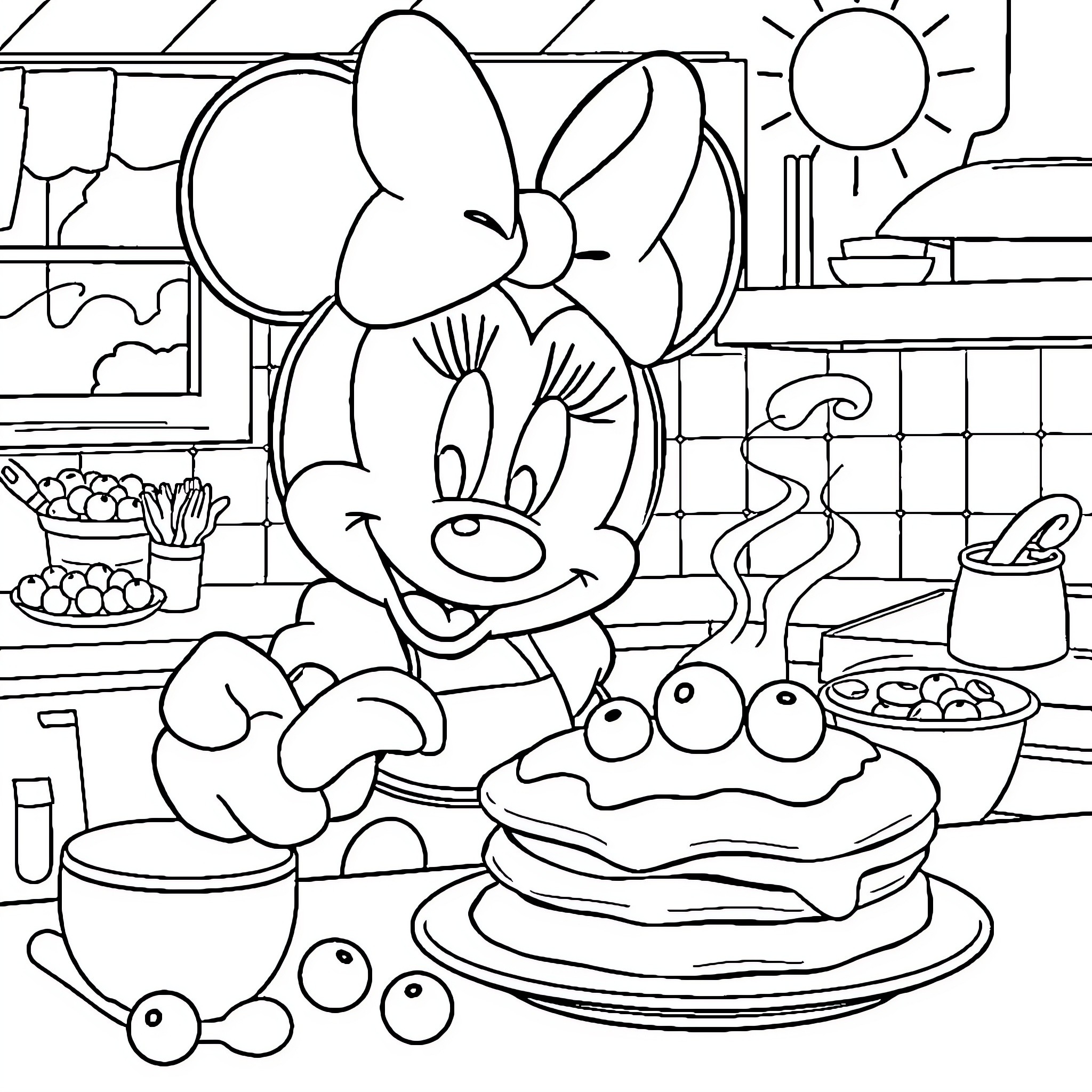 Minnie Mouse baking delicious treats in her kitchen Coloring Page (free black-and-white line drawing printable PDF for all, from beginners to advanced learners, including children, teens, adults, and seniors)