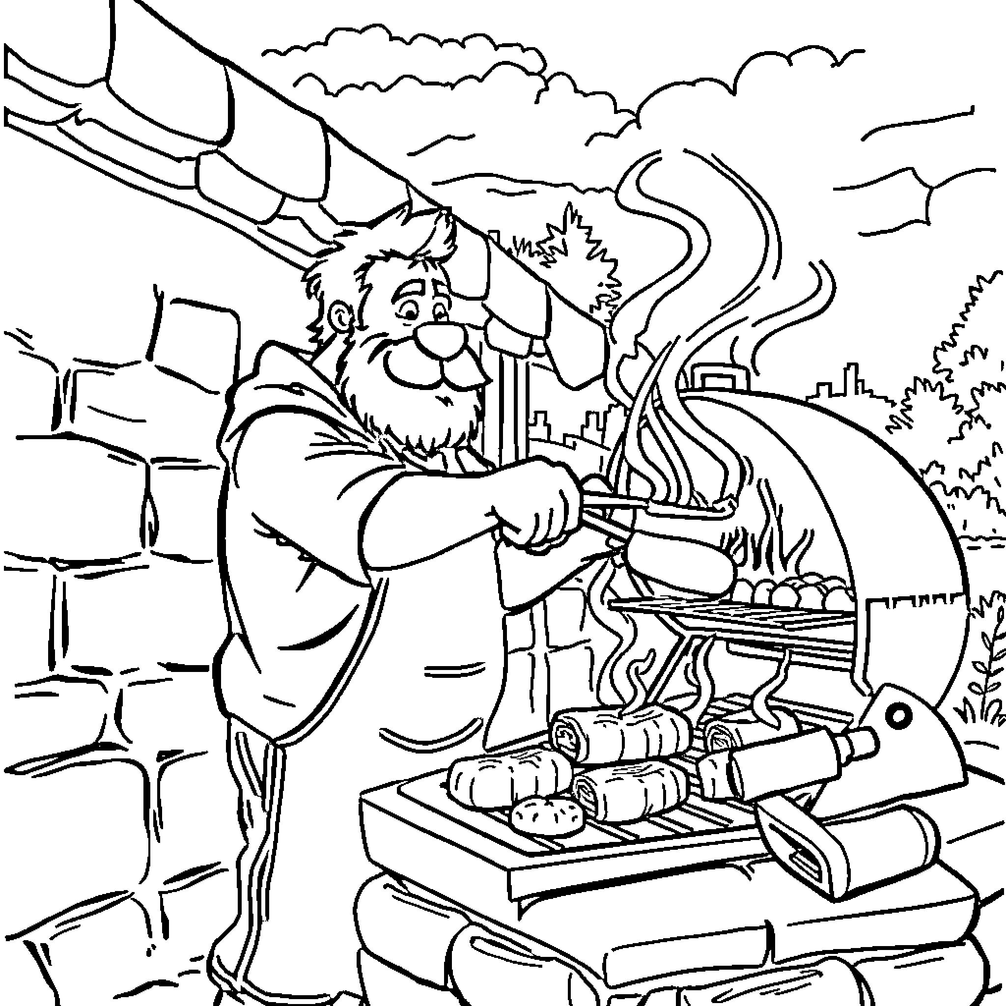 Snoppi the Gnome Tinkering with Mechanical Contraption Coloring Page (free black-and-white line drawing printable PDF for all, from beginners to advanced learners, including children, teens, adults, and seniors)