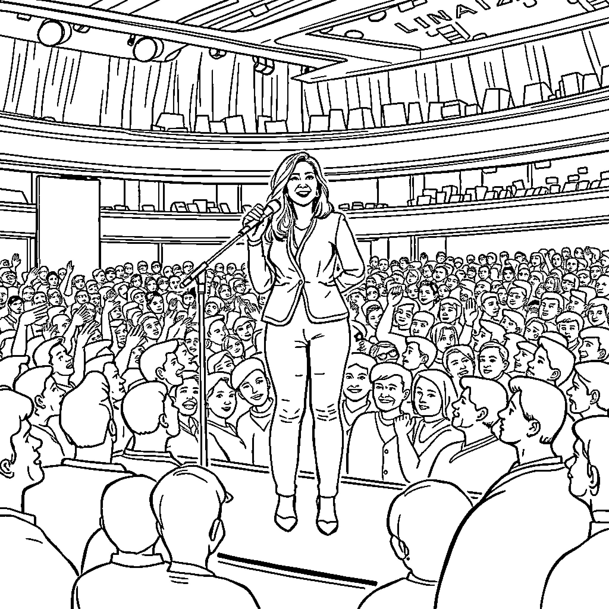 Maria Corina Machado Addressing a Crowd Coloring Page (free black-and-white line drawing printable PDF for all, from beginners to advanced learners, including children, teens, adults, and seniors)