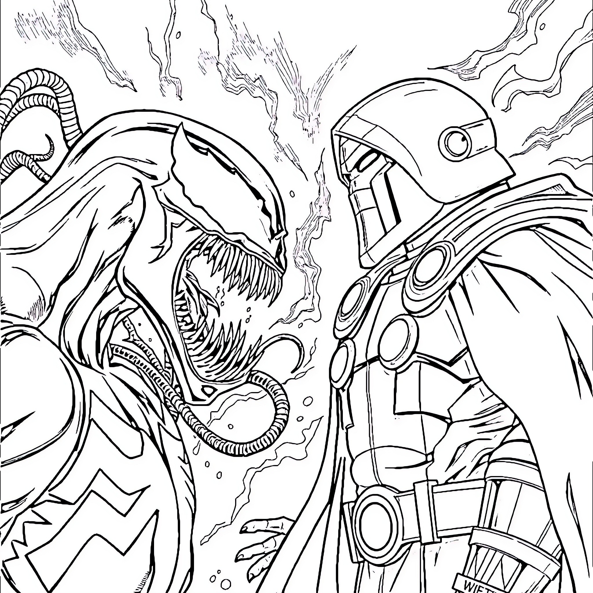 Venom Versus Robotic Adversary in Dramatic Confrontation Coloring Page (free black-and-white line drawing printable PDF for all, from beginners to advanced learners, including children, teens, adults, and seniors)