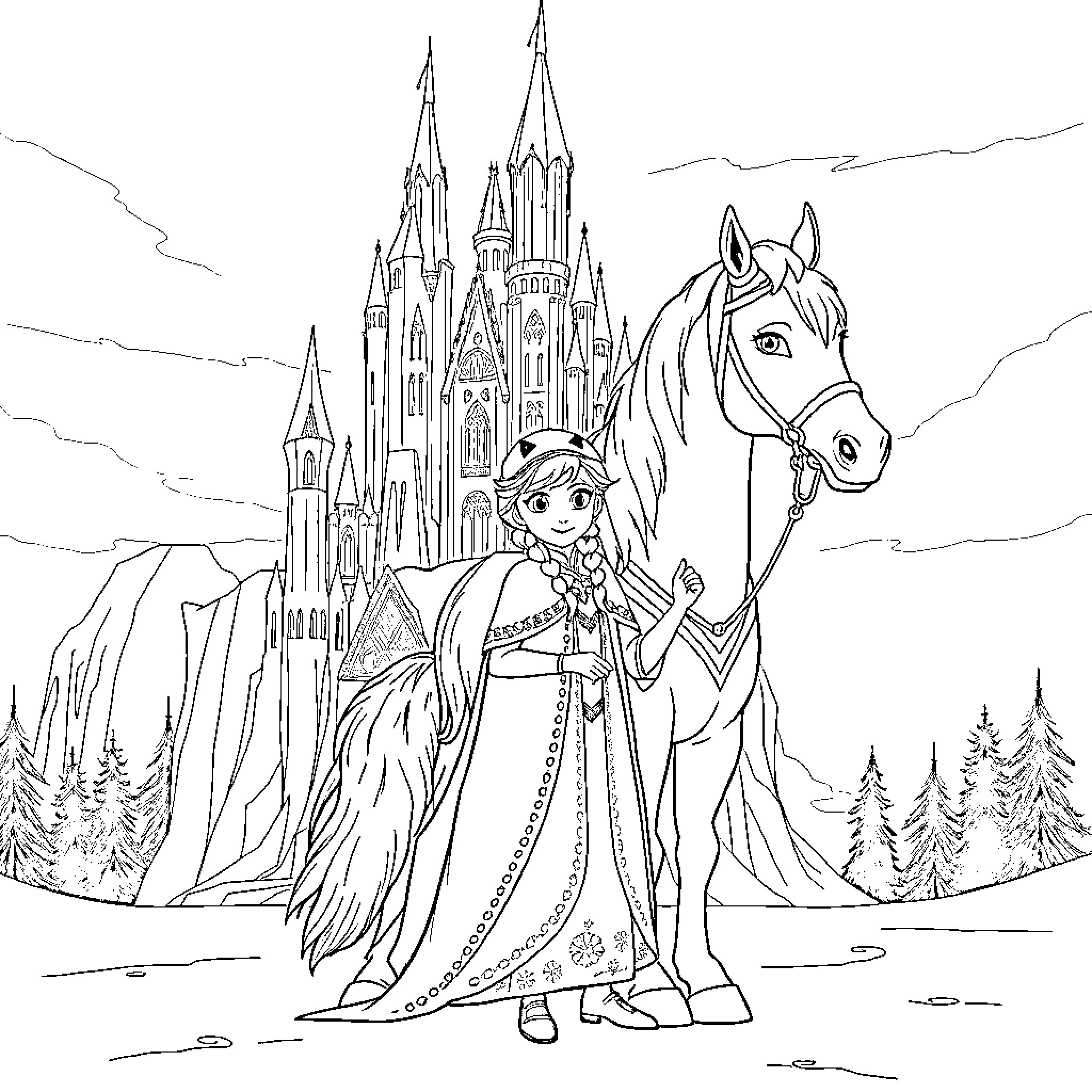 Ella's Royal Castle Adventure with Horse Coloring Page (free black-and-white line drawing printable PDF for all, from beginners to advanced learners, including children, teens, adults, and seniors)
