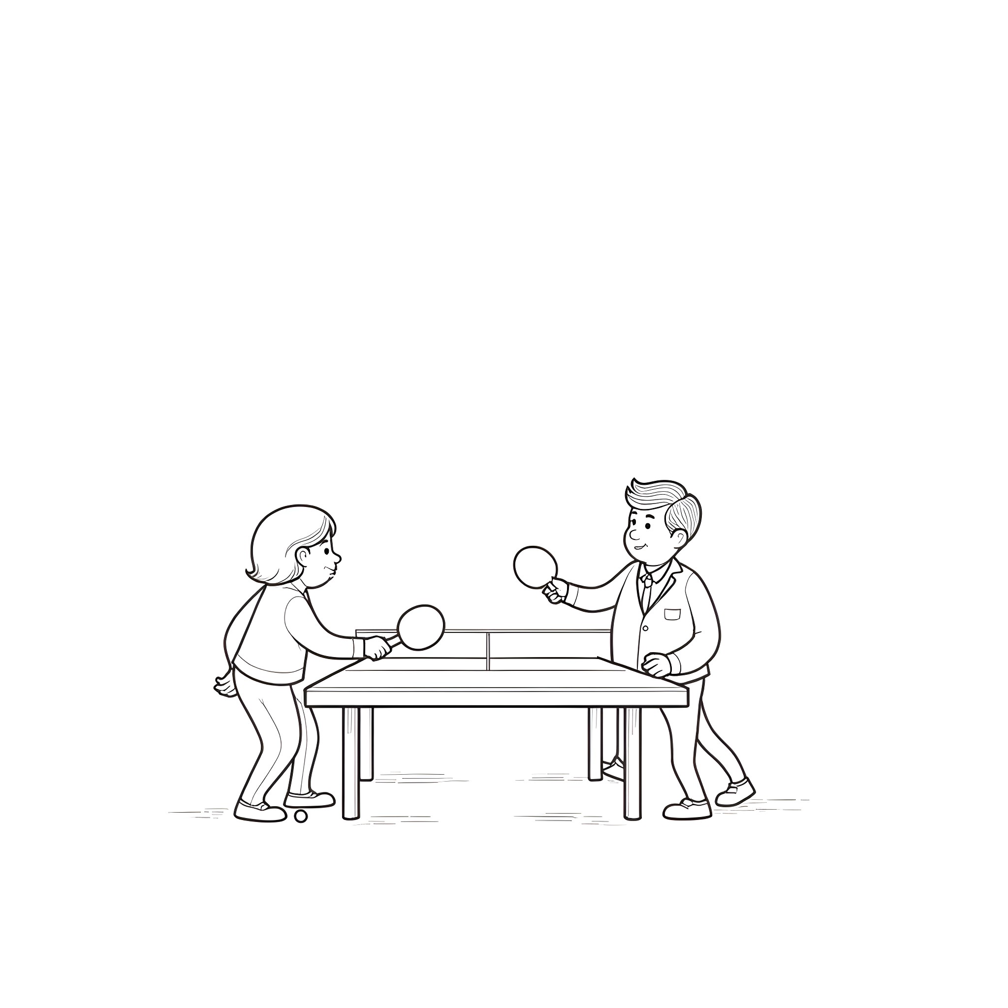Donald Trump plays table tennis with a young boy Coloring Page (free black-and-white line drawing printable PDF for all, from beginners to advanced learners, including children, teens, adults, and seniors)