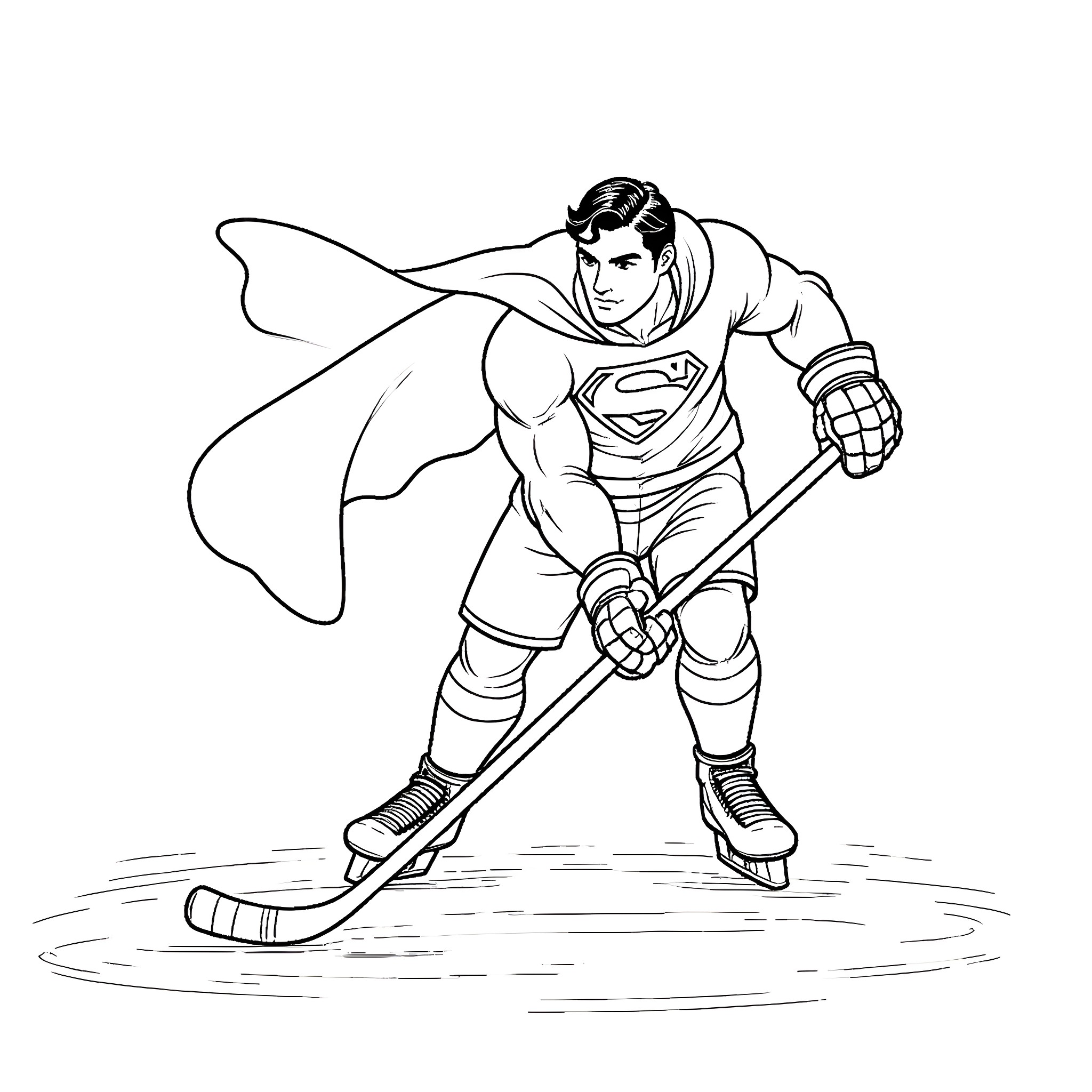Superman on Ice: Powerful Hockey Hero Coloring Page (free black-and-white line drawing printable PDF for all, from beginners to advanced learners, including children, teens, adults, and seniors)