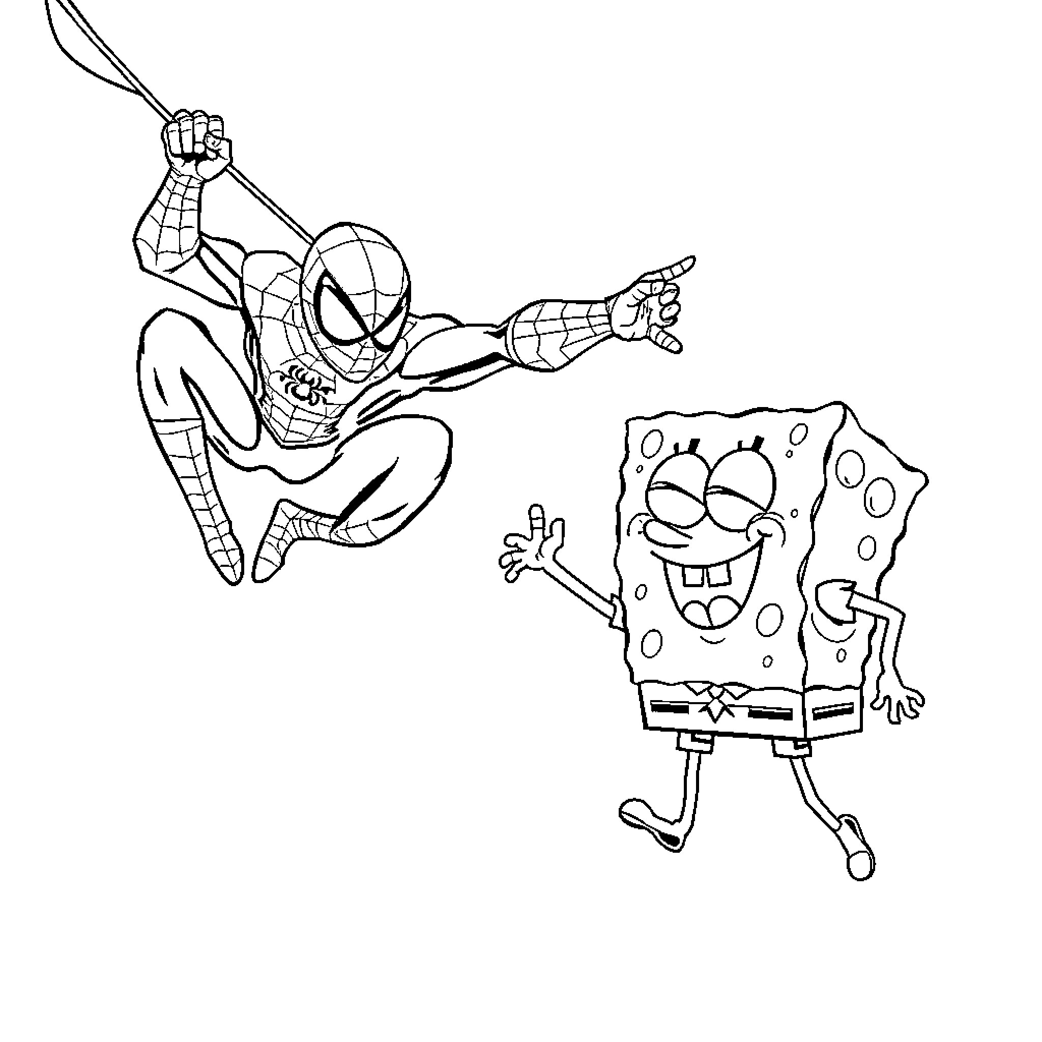 Spiderman chasing after Spongebob character Coloring Page (free black-and-white line drawing printable PDF for all, from beginners to advanced learners, including children, teens, adults, and seniors)