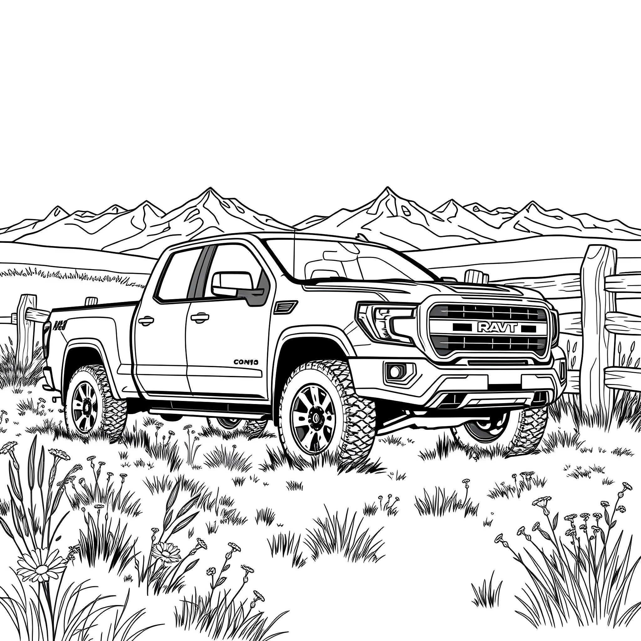 Pick Up Truck Off-Roading in the Rugged Mountains Coloring Page (free black-and-white line drawing printable PDF for all, from beginners to advanced learners, including children, teens, adults, and seniors)