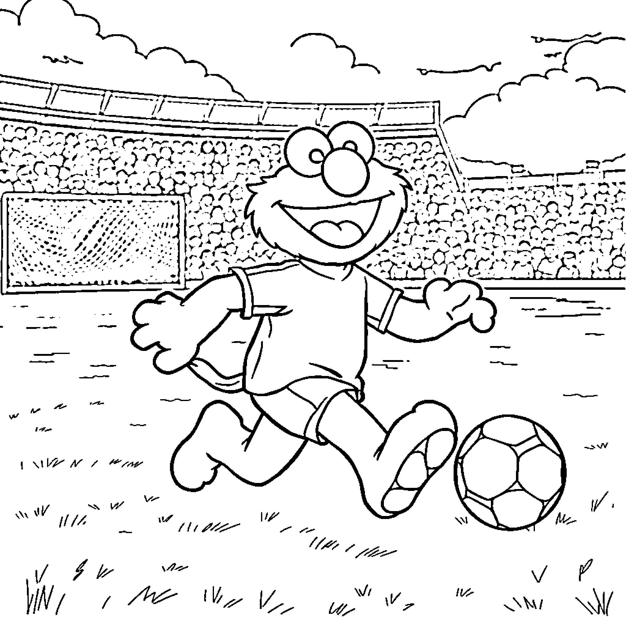 Elmo playing soccer joyfully on the field Coloring Page (free black-and-white line drawing printable PDF for all, from beginners to advanced learners, including children, teens, adults, and seniors)