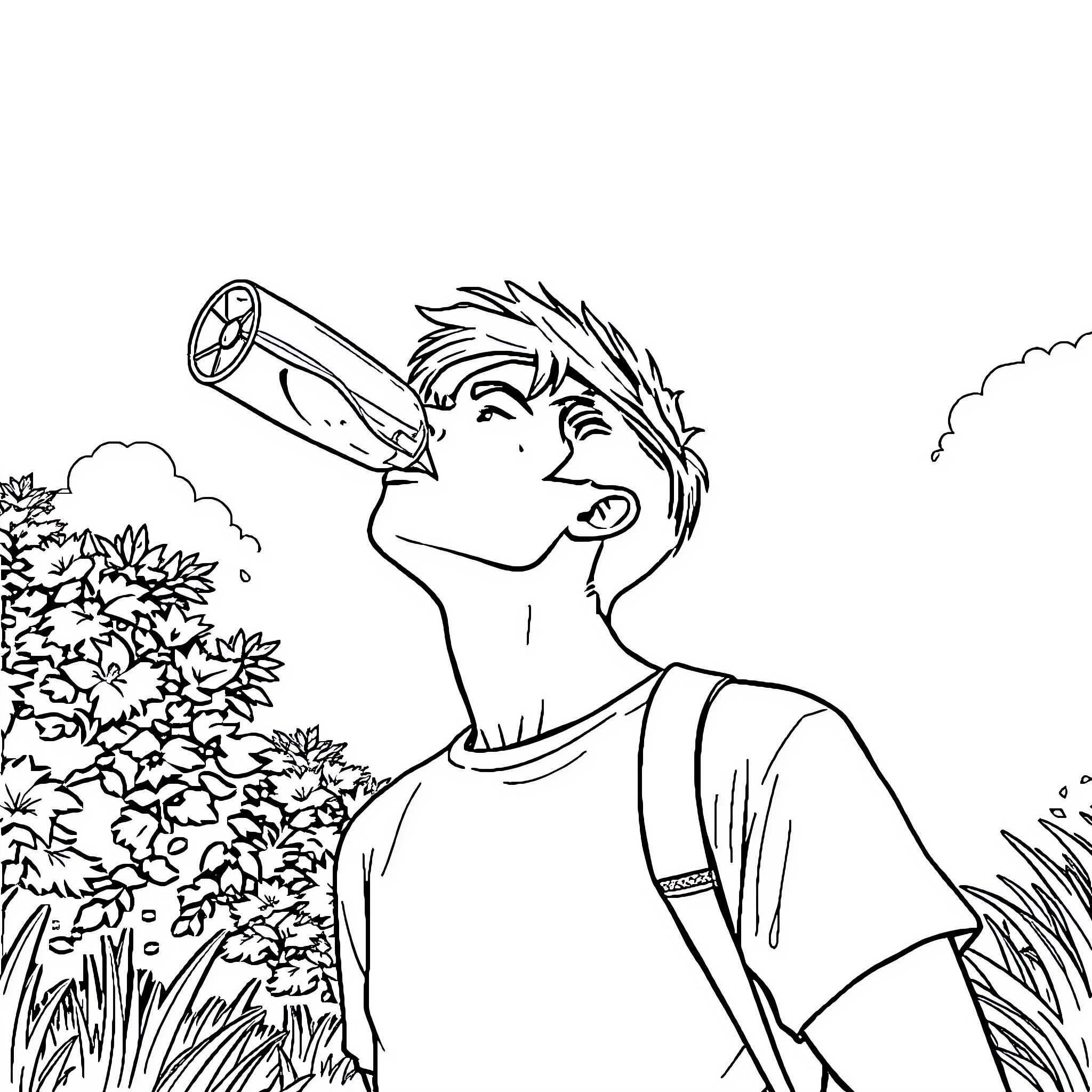 Man enjoys a refreshing drink in the outdoors Coloring Page (free black-and-white line drawing printable PDF for all, from beginners to advanced learners, including children, teens, adults, and seniors)