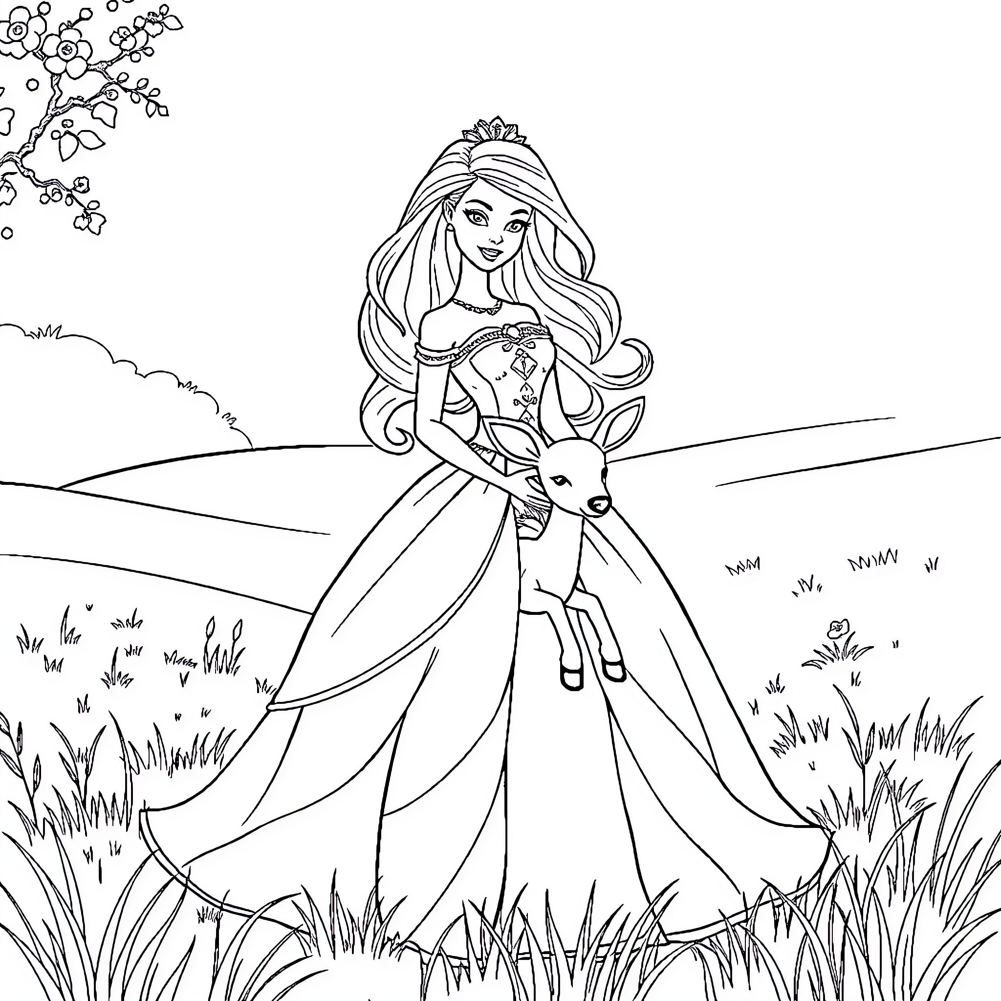 Princess in Elegant Dress with Pet Deer in Nature Coloring Page (free black-and-white line drawing printable PDF for all, from beginners to advanced learners, including children, teens, adults, and seniors)