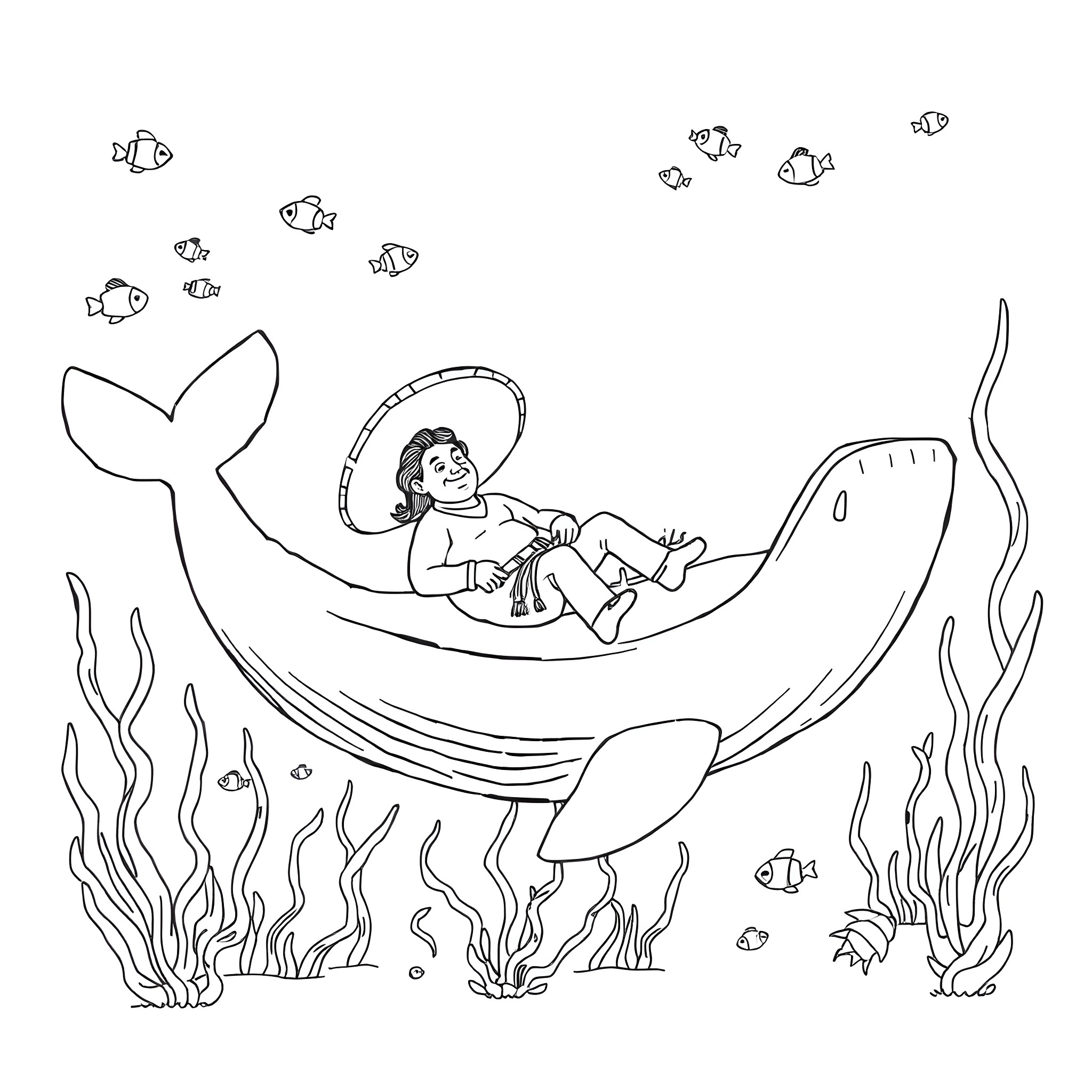 Mexican child exploring underwater marine life Coloring Page (free black-and-white line drawing printable PDF for all, from beginners to advanced learners, including children, teens, adults, and seniors)