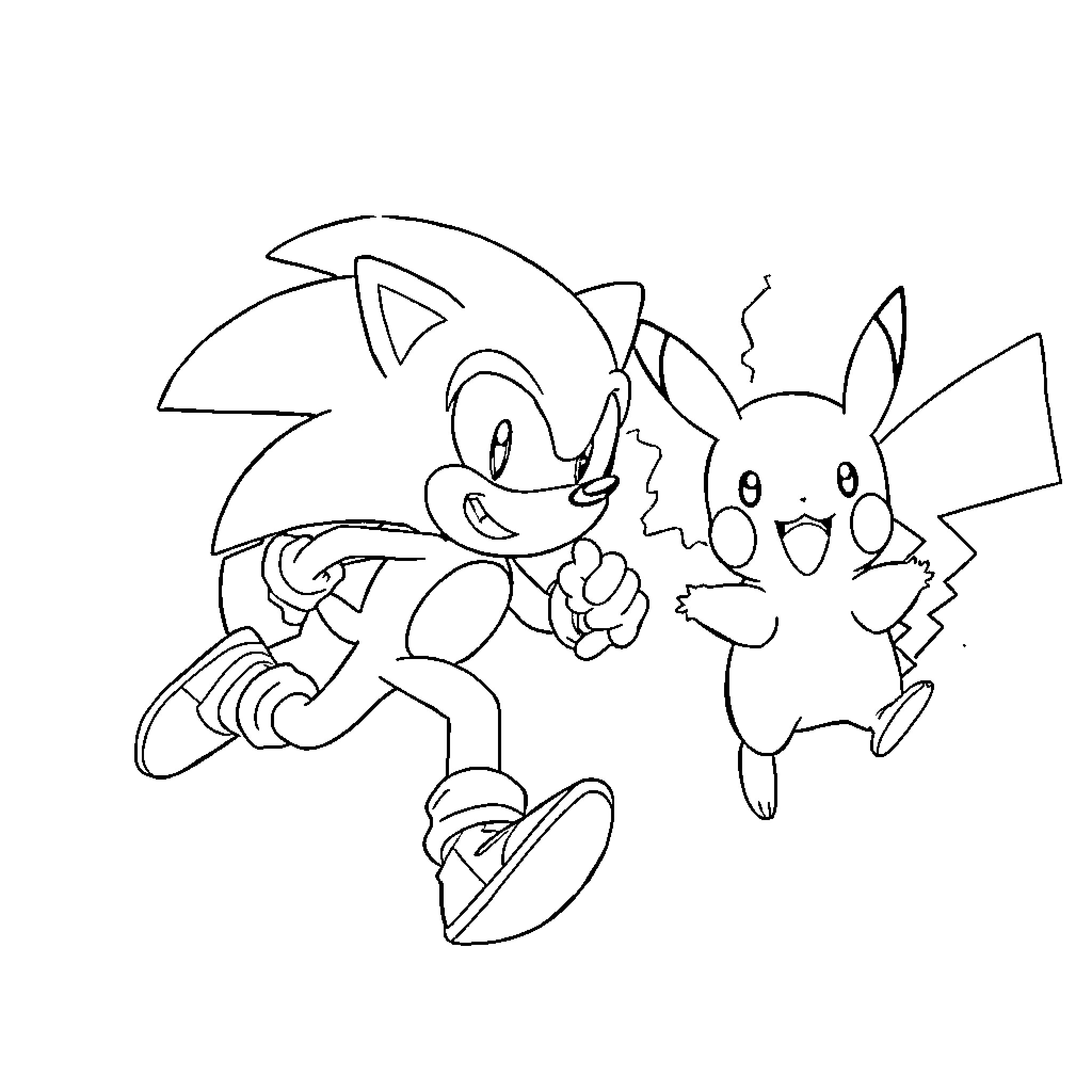 Sonic and Pikachu race energetically Coloring Page (free black-and-white line drawing printable PDF for all, from beginners to advanced learners, including children, teens, adults, and seniors)