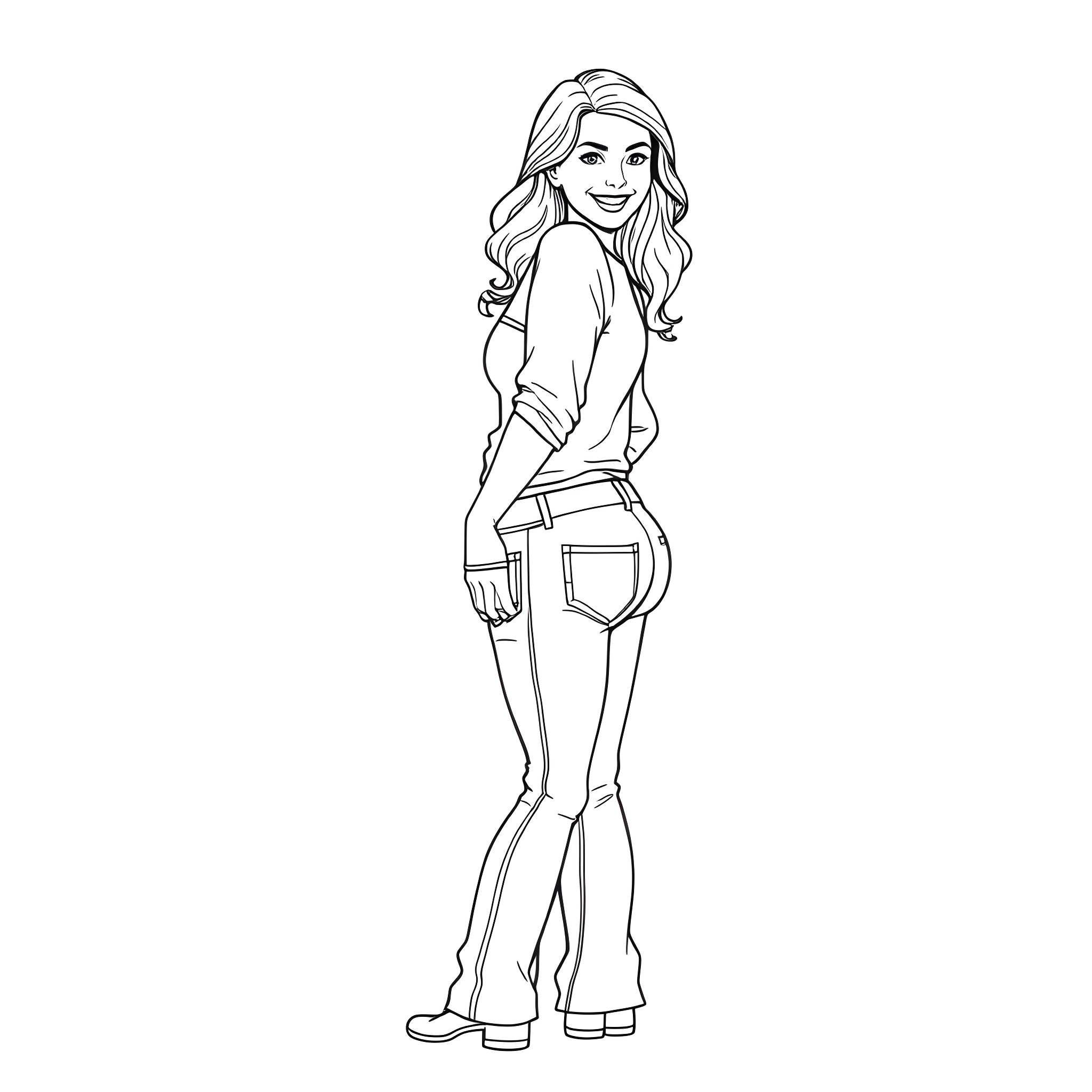 Mom Smiling and Posing in Casual Attire Coloring Page (free black-and-white line drawing printable PDF for all, from beginners to advanced learners, including children, teens, adults, and seniors)