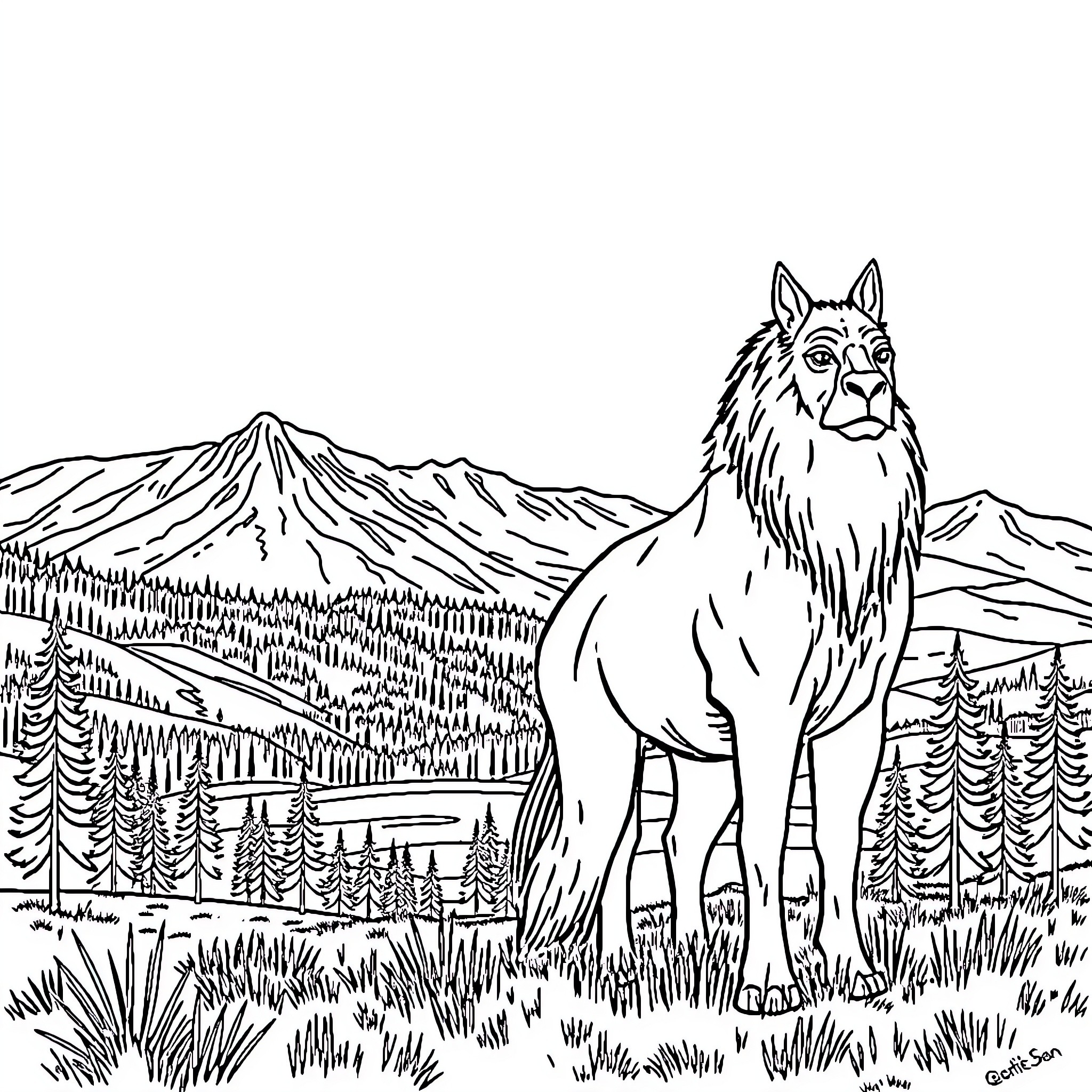 Rip the majestic llama in the wilderness Coloring Page (free black-and-white line drawing printable PDF for all, from beginners to advanced learners, including children, teens, adults, and seniors)