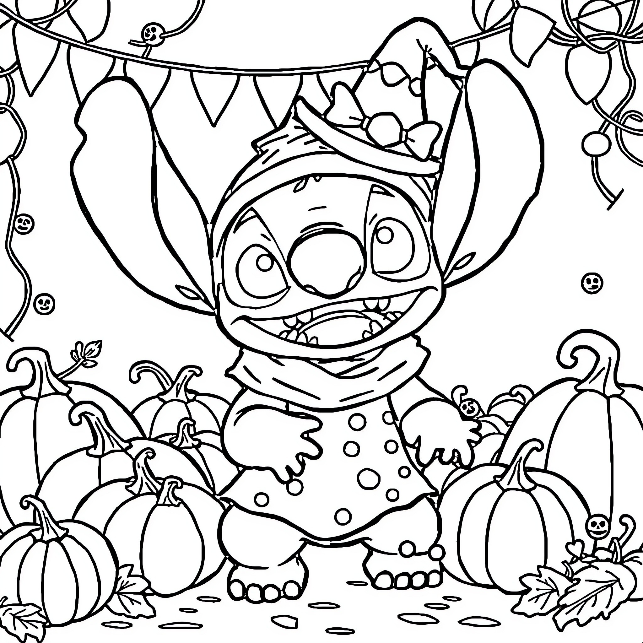 Stitch celebrating Halloween amongst pumpkins Coloring Page (free black-and-white line drawing printable PDF for all, from beginners to advanced learners, including children, teens, adults, and seniors)