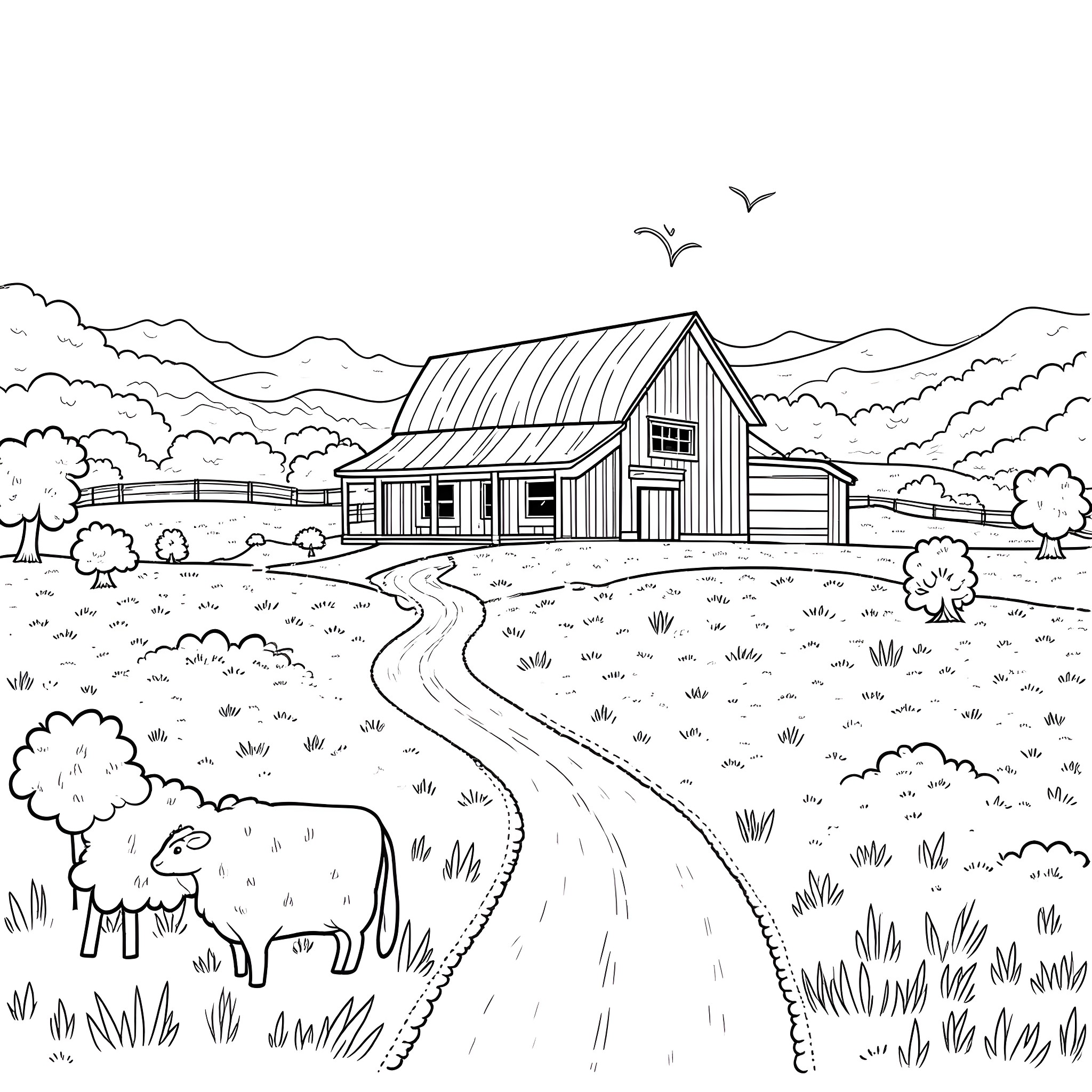 Farm House with Animals in the Countryside Coloring Page (free black-and-white line drawing printable PDF for all, from beginners to advanced learners, including children, teens, adults, and seniors)
