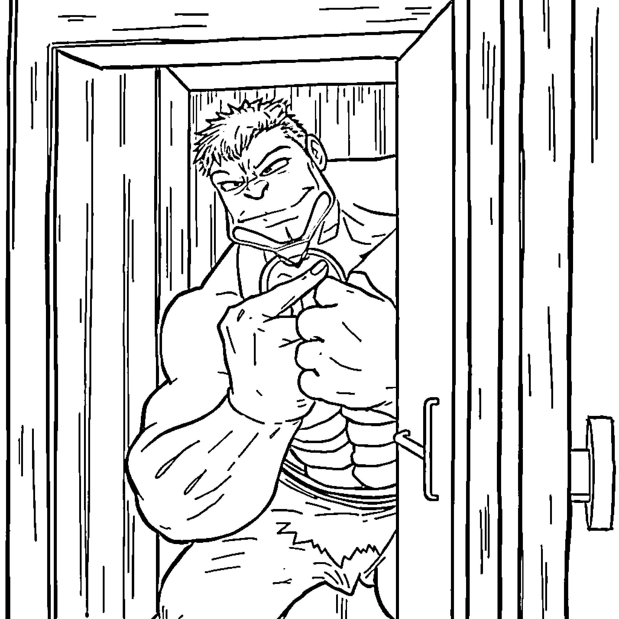 Hulk bursting through the door with anger Coloring Page (free black-and-white line drawing printable PDF for all, from beginners to advanced learners, including children, teens, adults, and seniors)