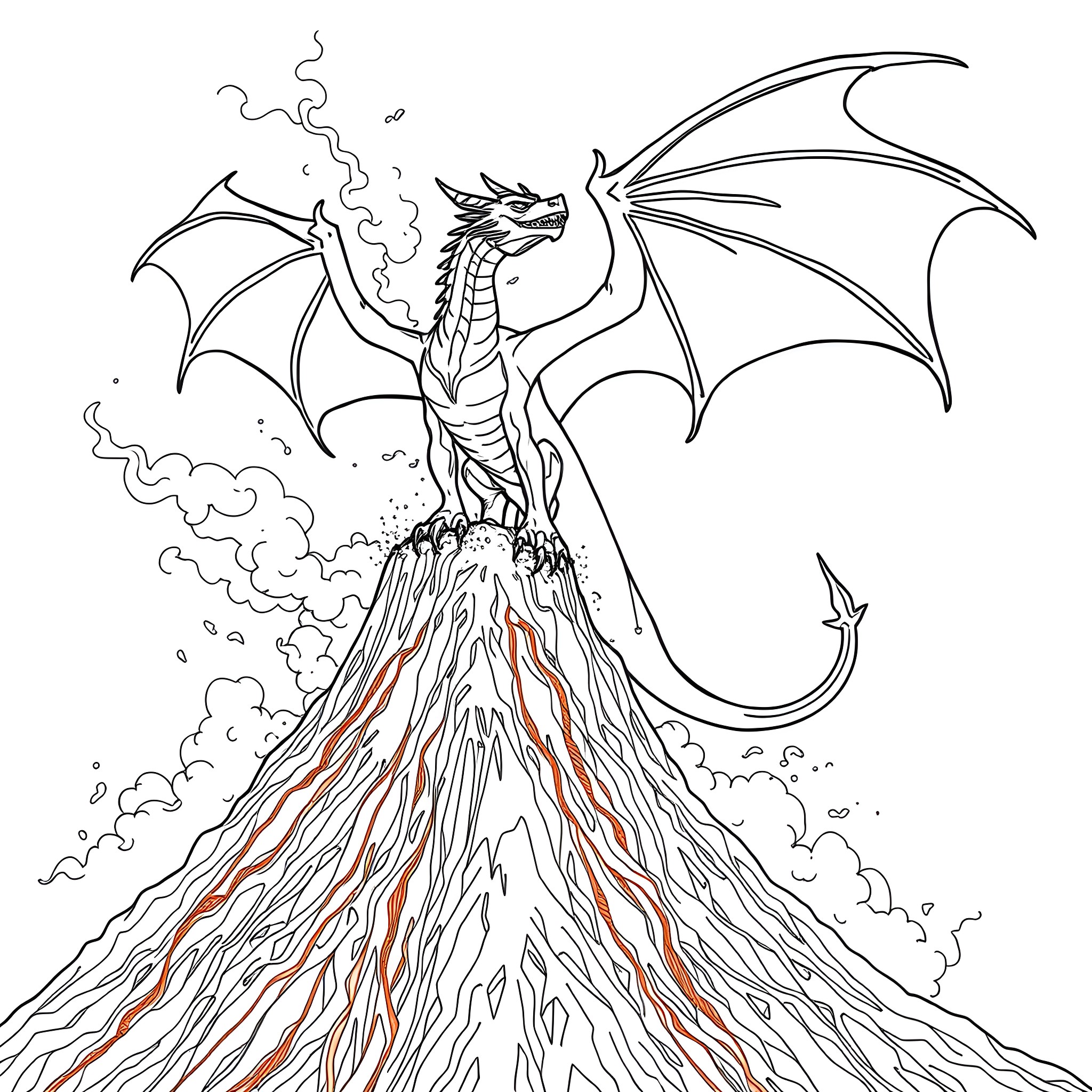Dragon erupting from a volcano Coloring Page (free black-and-white line drawing printable PDF for all, from beginners to advanced learners, including children, teens, adults, and seniors)