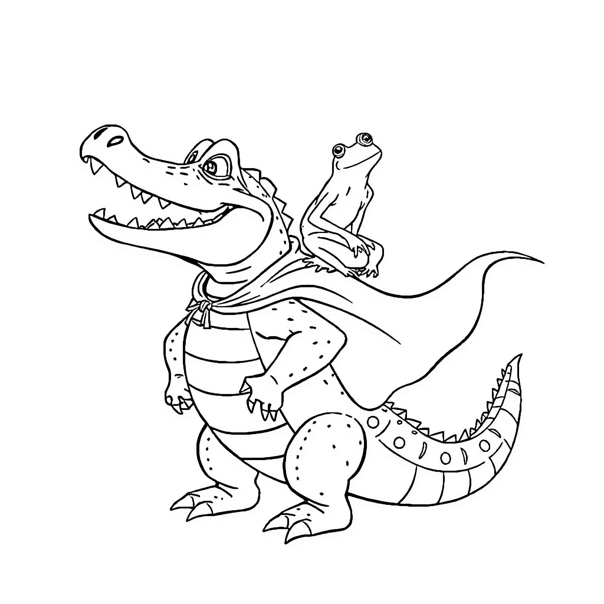 Crocodile riding a frog in an amusing scene Coloring Page (free black-and-white line drawing printable PDF for all, from beginners to advanced learners, including children, teens, adults, and seniors)